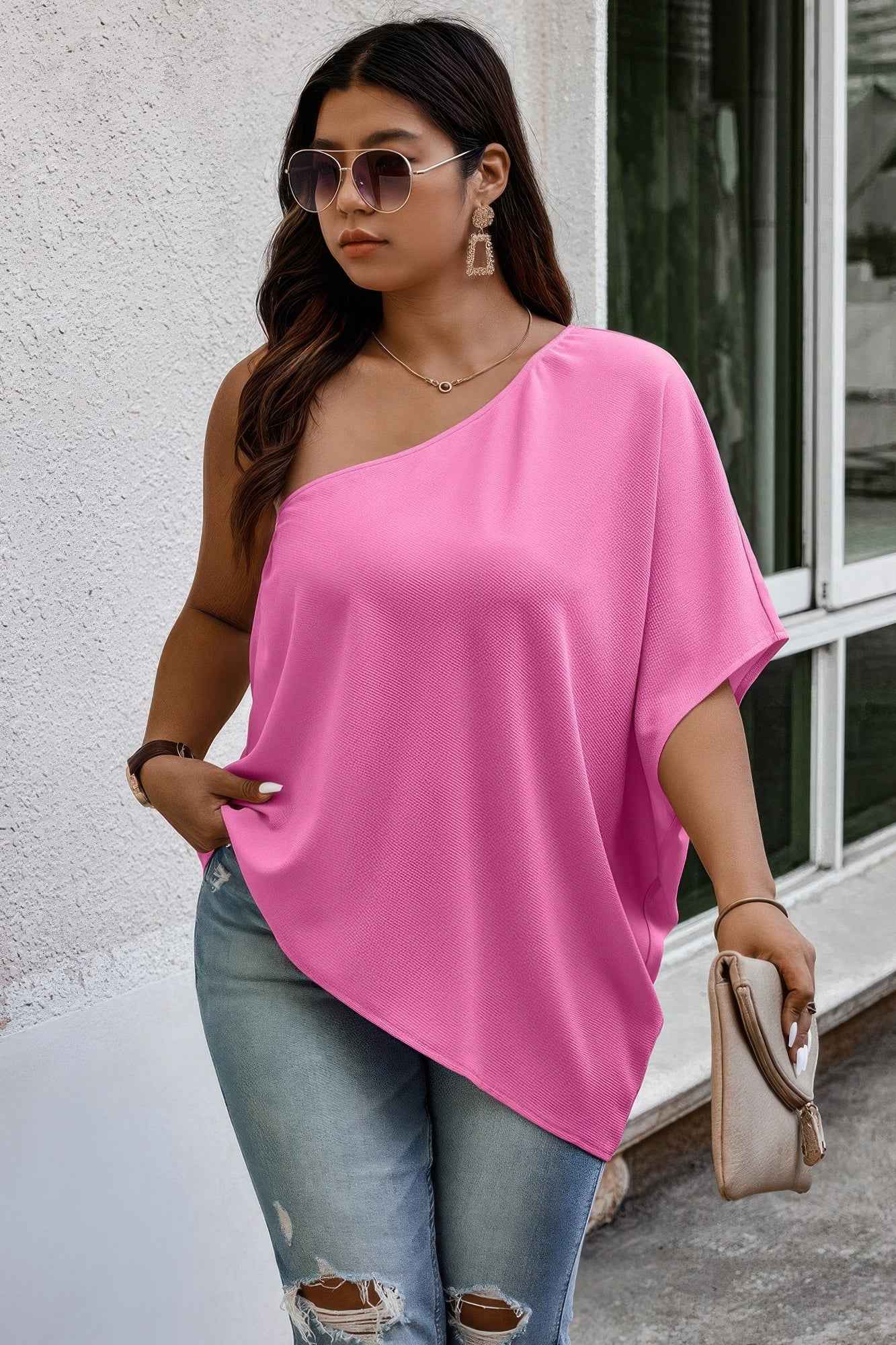 Plus One Shoulder Solid Casual Loose Fit Shirt