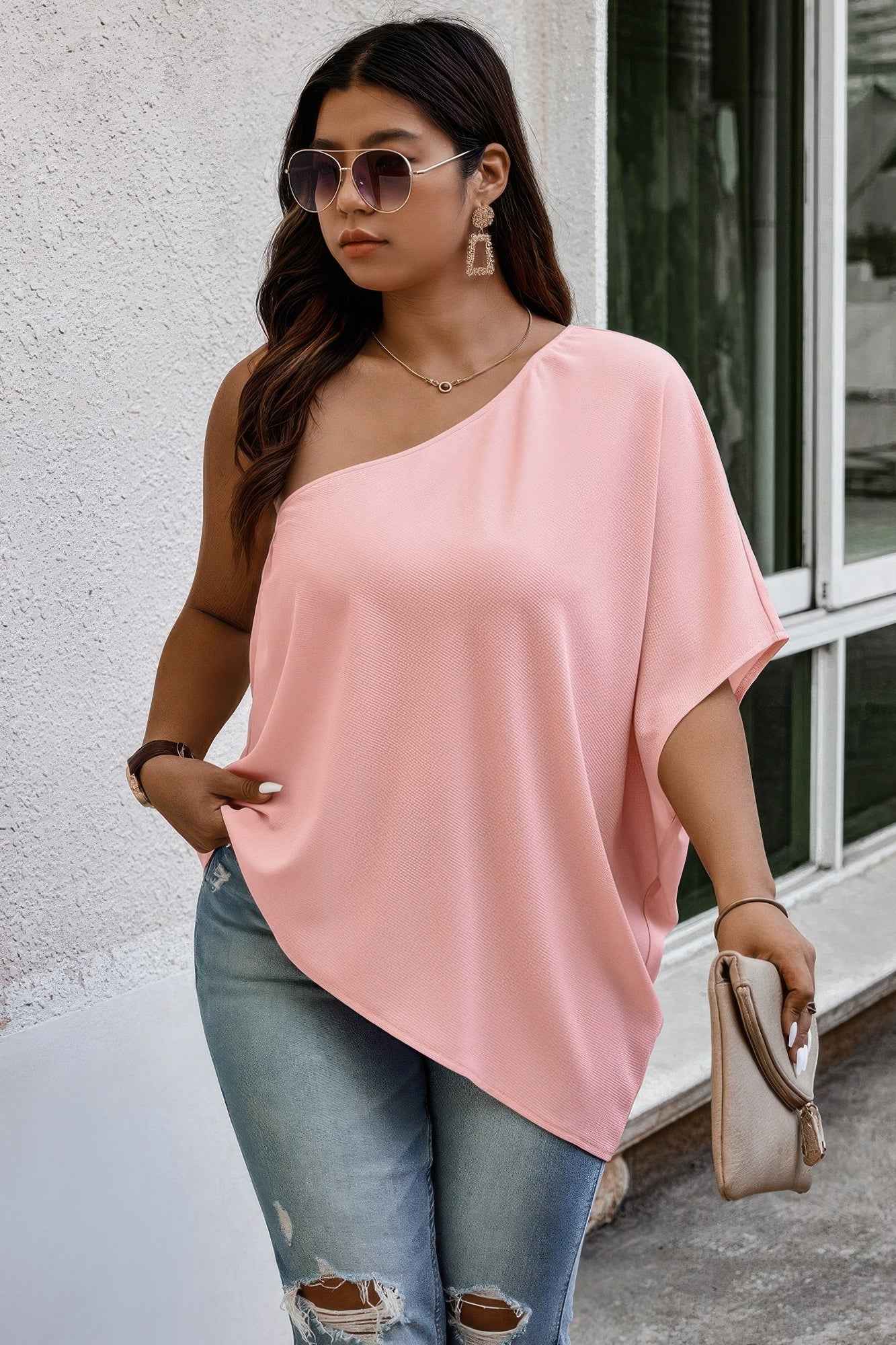 Plus One Shoulder Solid Casual Loose Fit Shirt