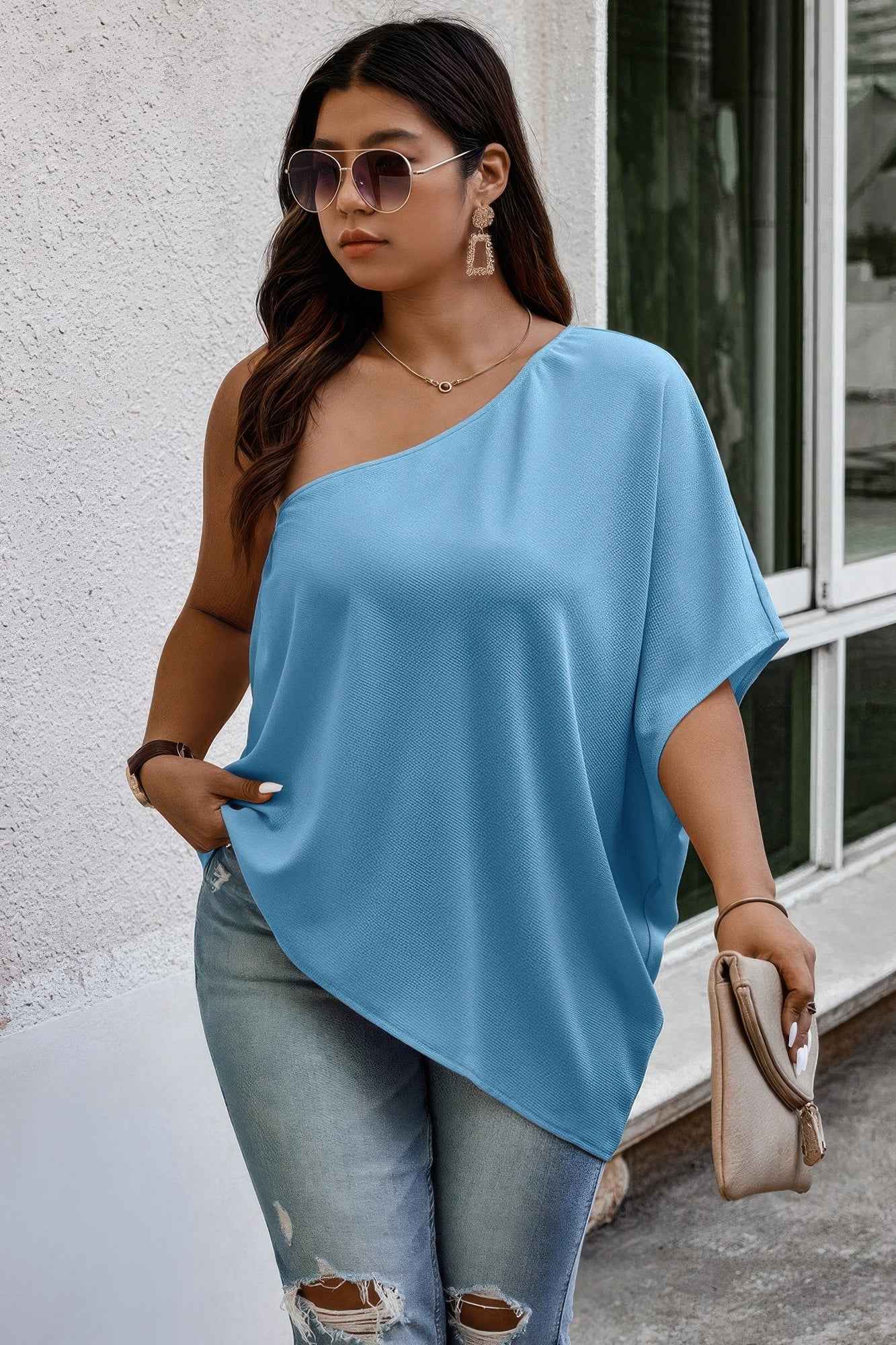 Plus One Shoulder Solid Casual Loose Fit Shirt
