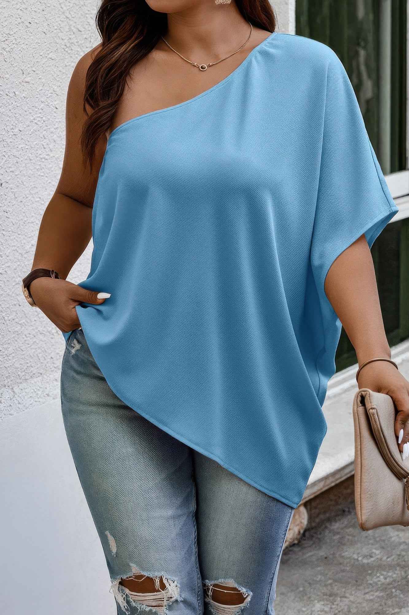 Plus One Shoulder Solid Casual Loose Fit Shirt