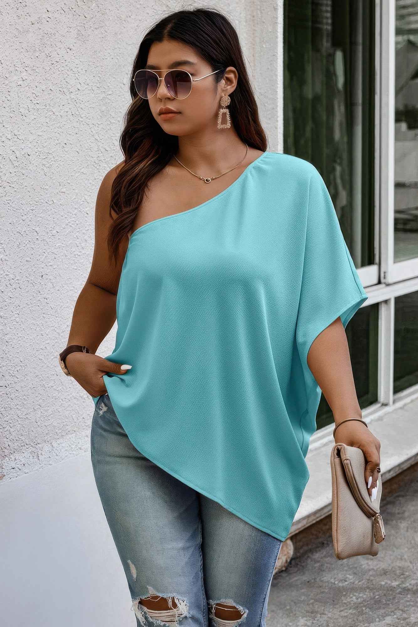 Plus One Shoulder Solid Casual Loose Fit Shirt
