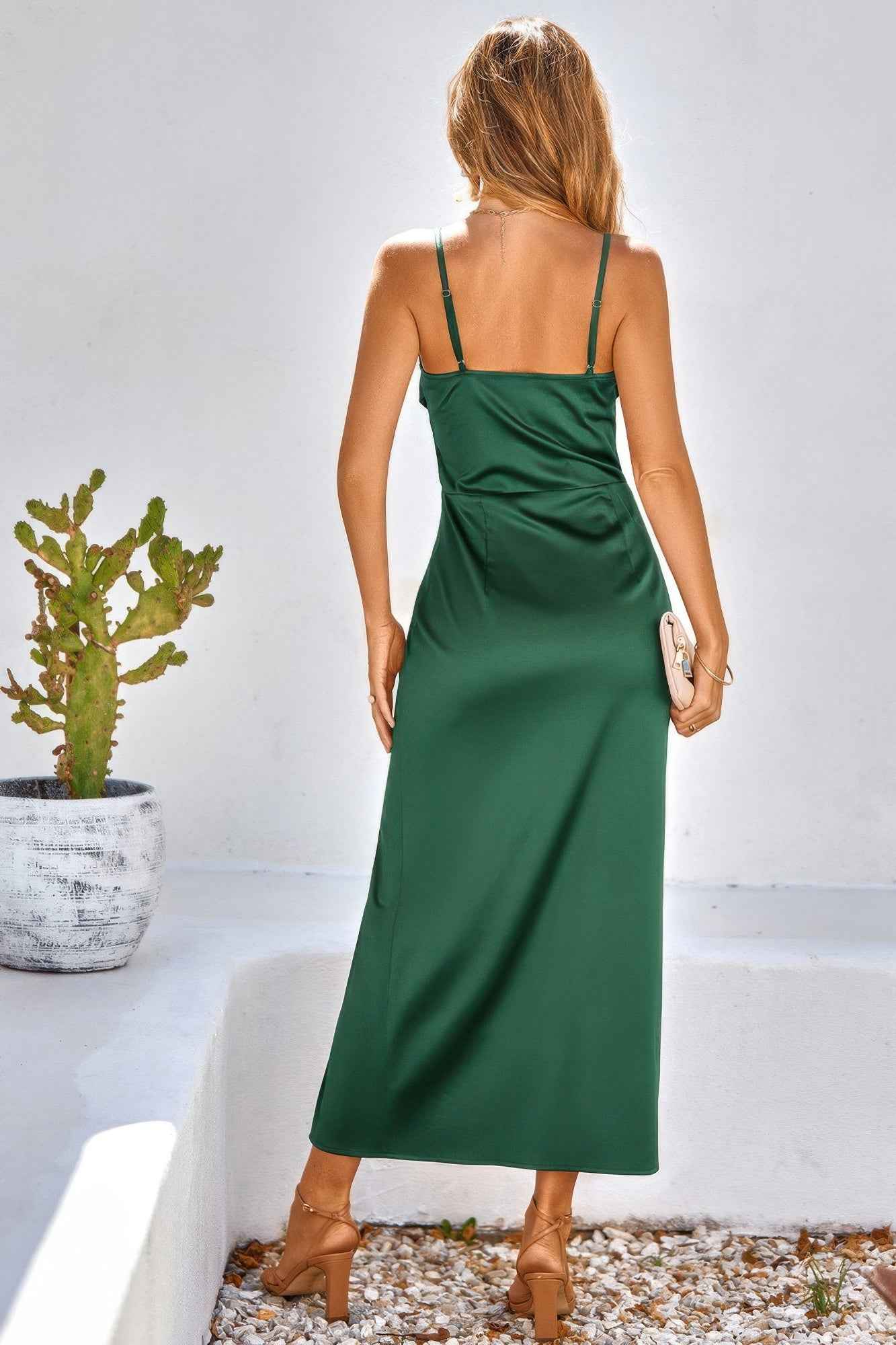 Spaghetti Strap Cowl Neck Split Midi Slit Dress