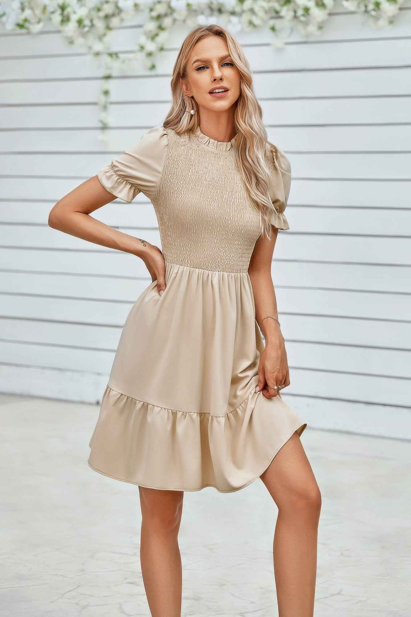 Solid Puff Sleeve Shirred Detail Ruffle Hem Dress