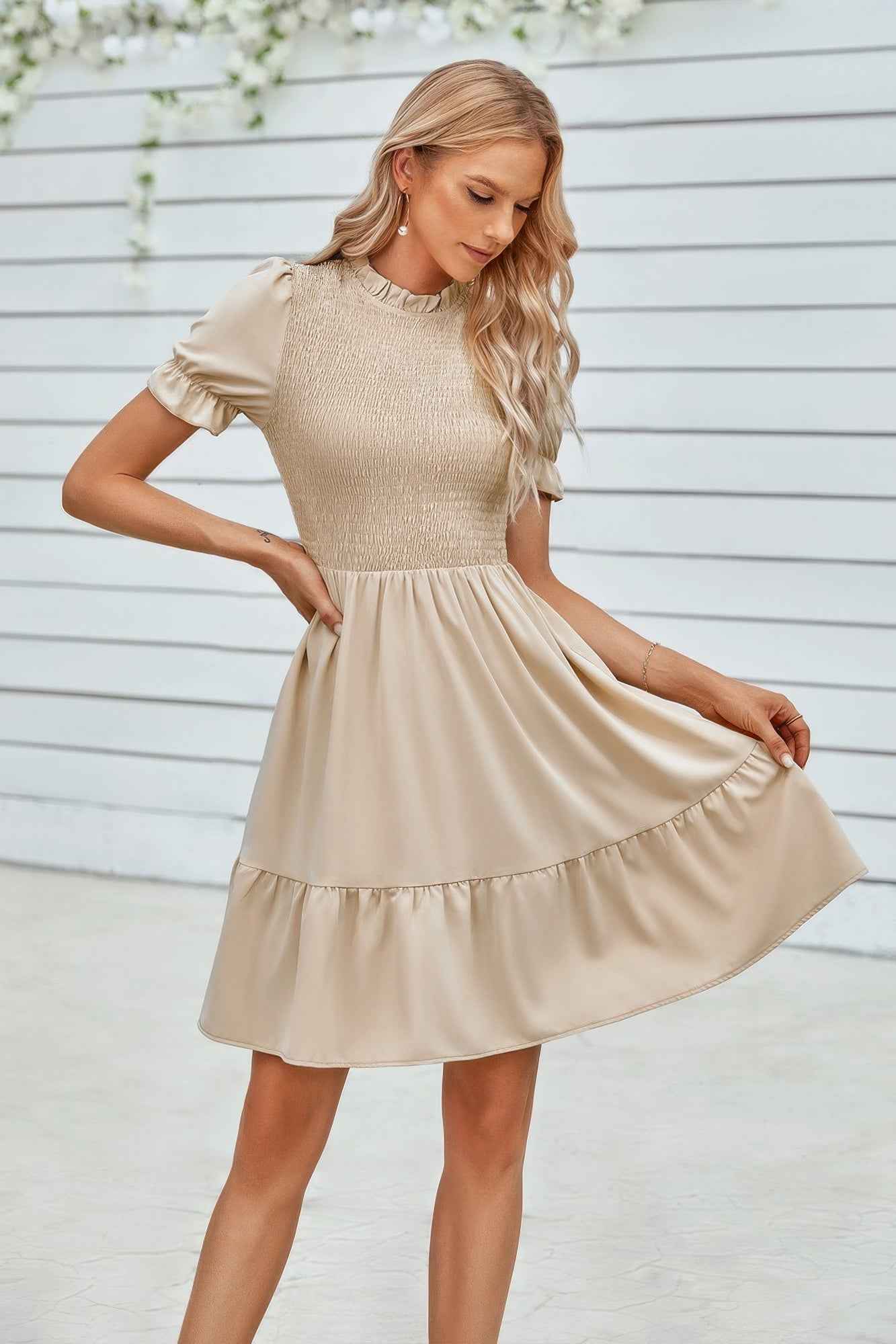 Solid Puff Sleeve Shirred Detail Ruffle Hem Dress