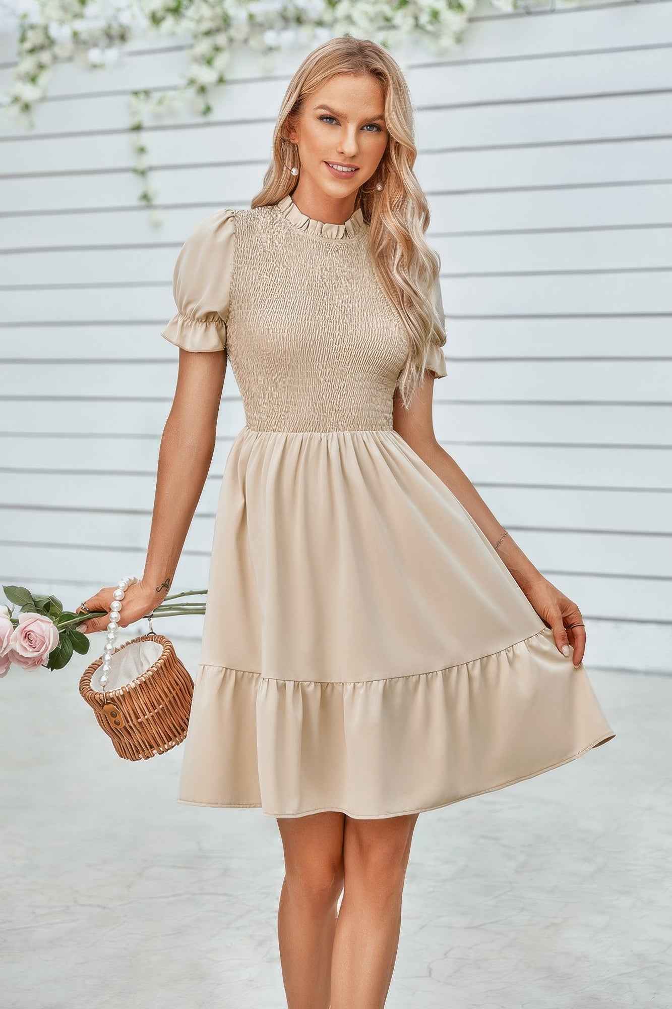 Solid Puff Sleeve Shirred Detail Ruffle Hem Dress