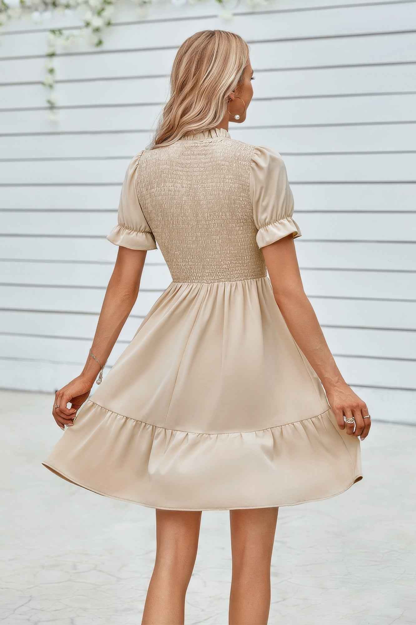 Solid Puff Sleeve Shirred Detail Ruffle Hem Dress
