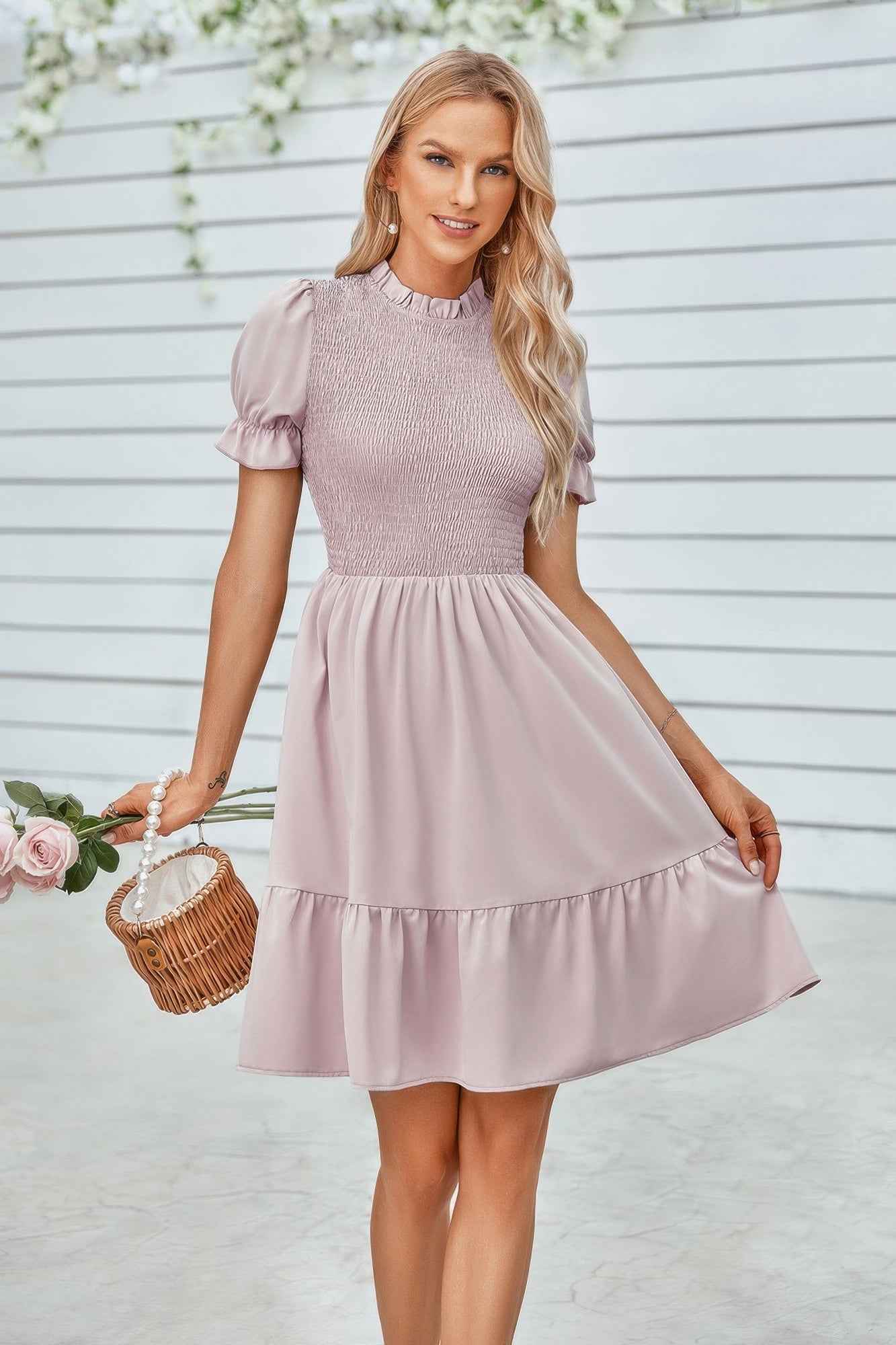 Solid Puff Sleeve Shirred Detail Ruffle Hem Dress