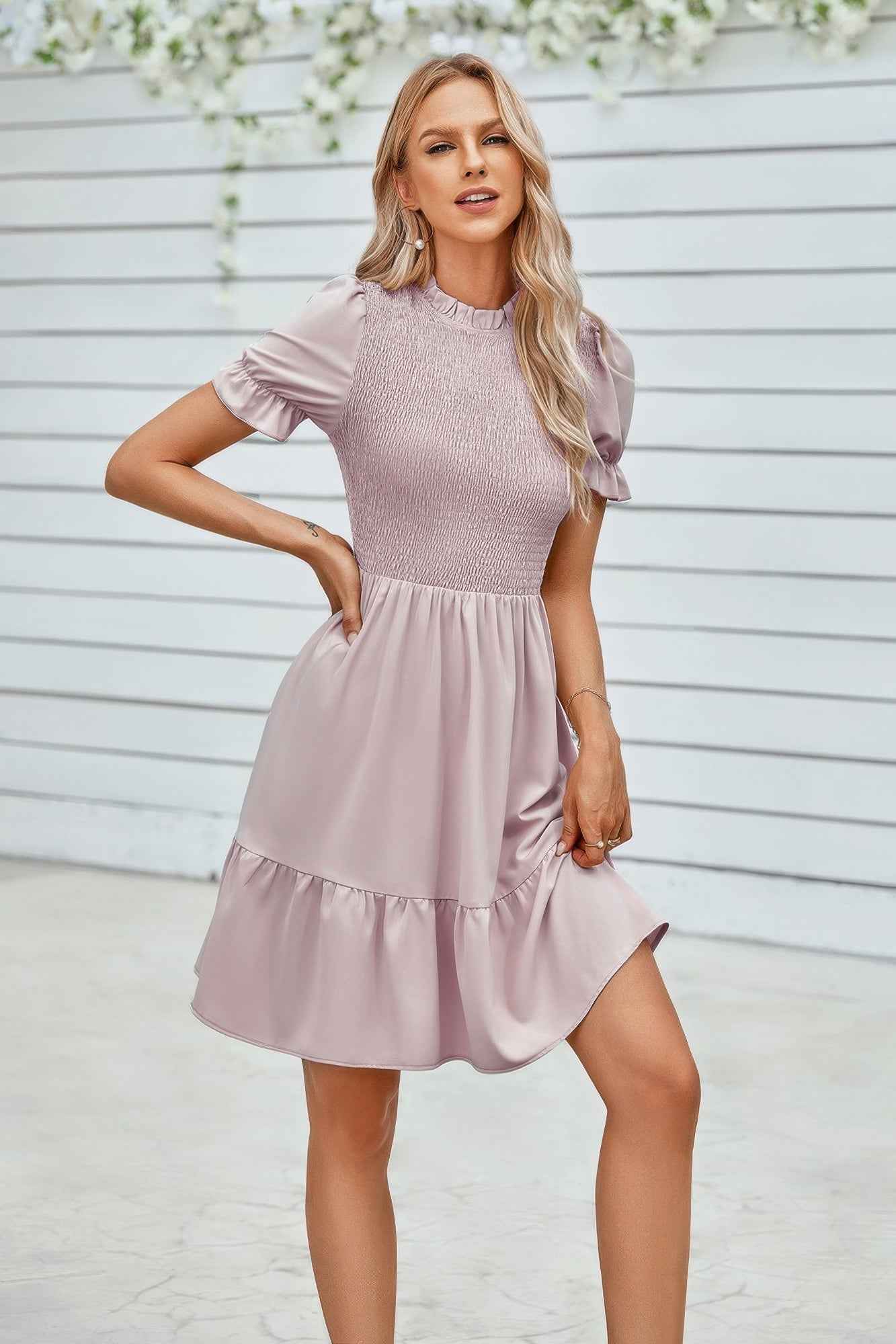 Solid Puff Sleeve Shirred Detail Ruffle Hem Dress