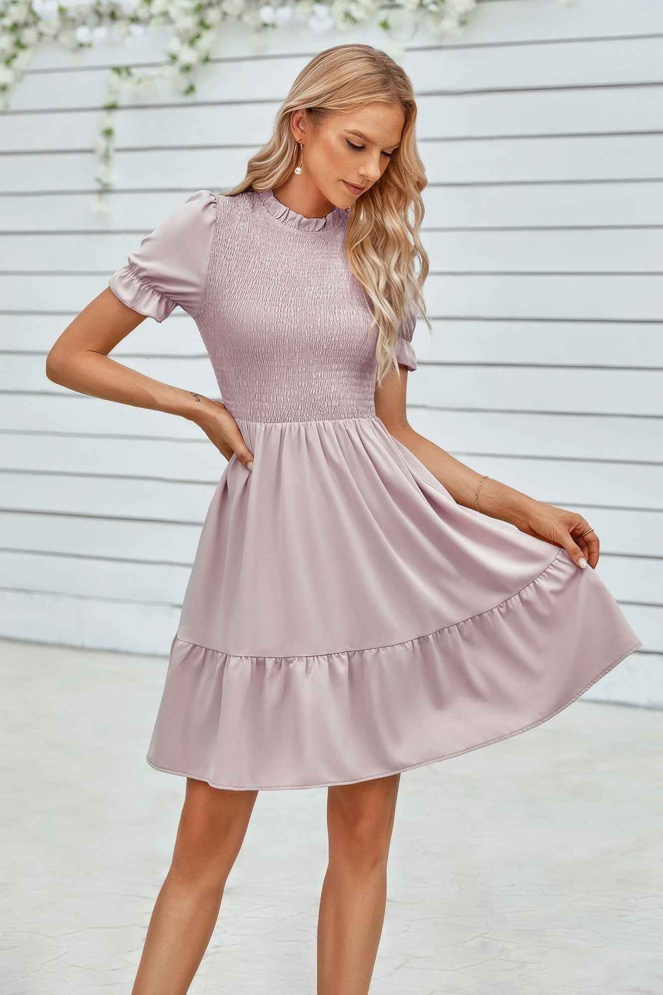 Solid Puff Sleeve Shirred Detail Ruffle Hem Dress