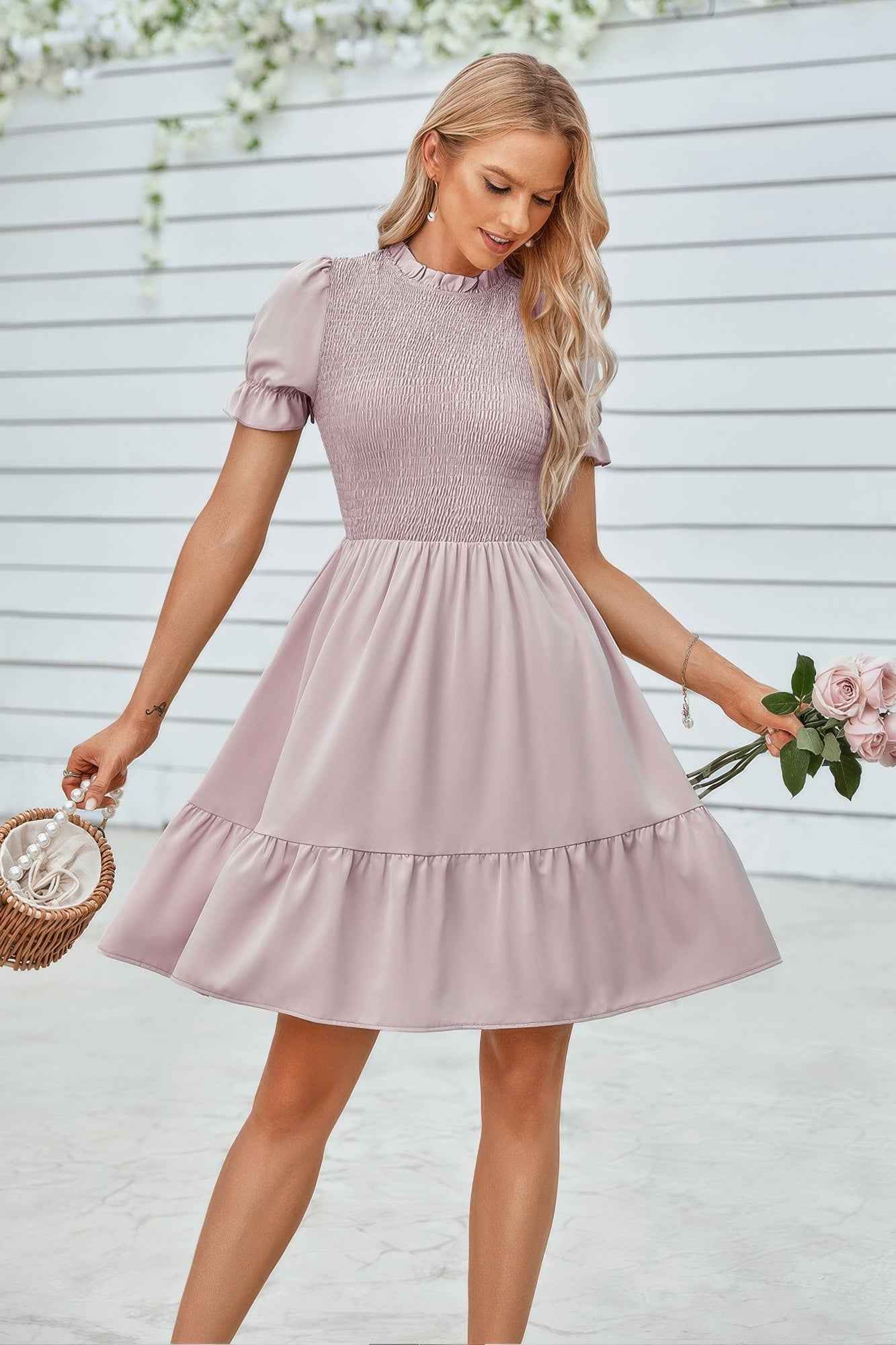 Solid Puff Sleeve Shirred Detail Ruffle Hem Dress