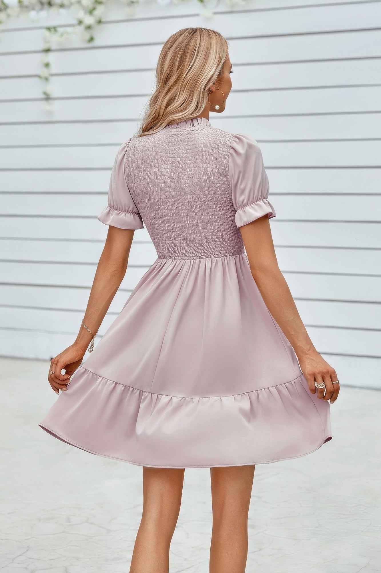 Solid Puff Sleeve Shirred Detail Ruffle Hem Dress