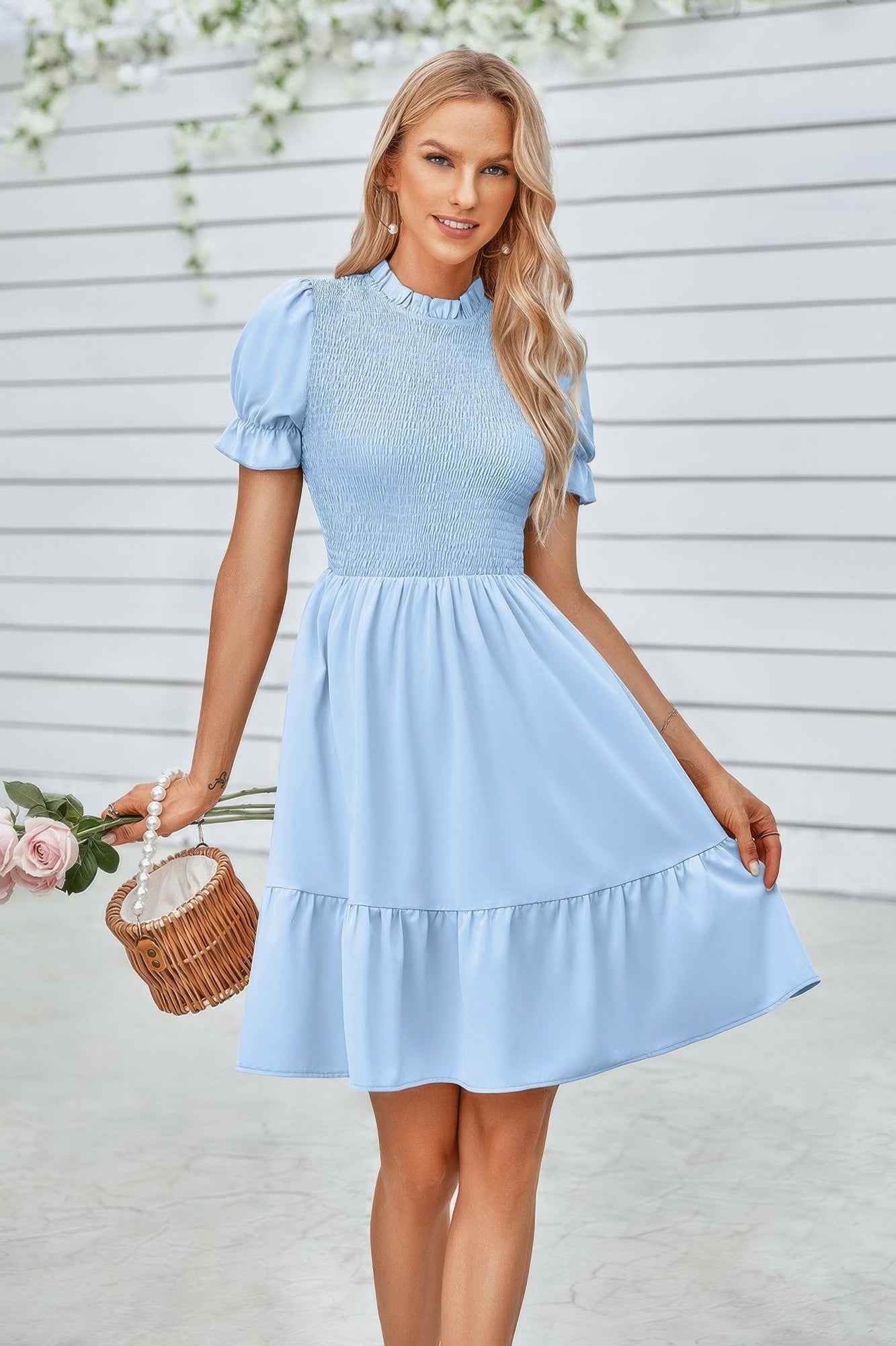 Solid Puff Sleeve Shirred Detail Ruffle Hem Dress