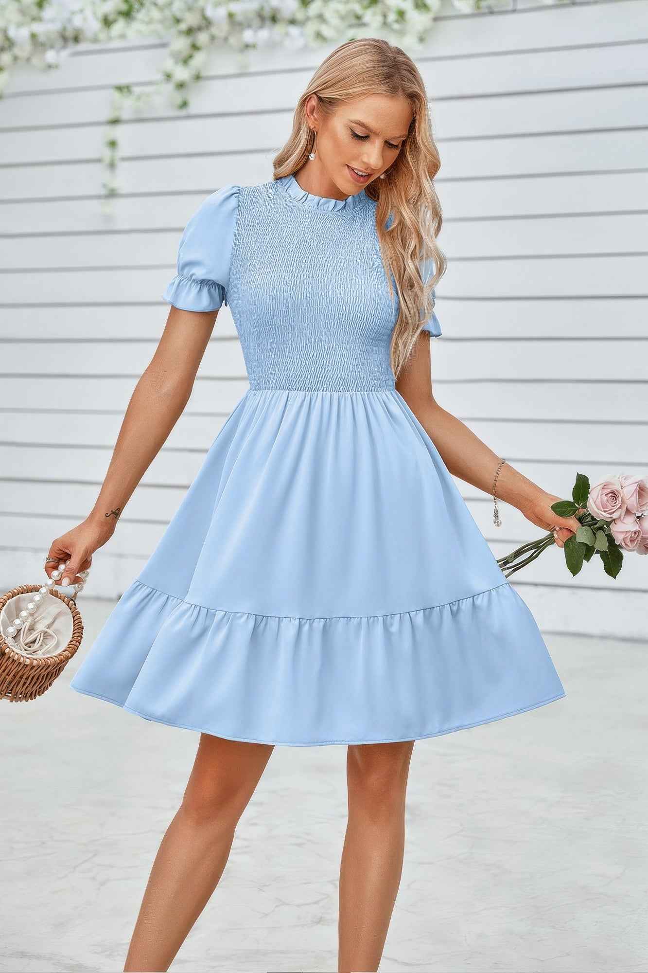 Solid Puff Sleeve Shirred Detail Ruffle Hem Dress