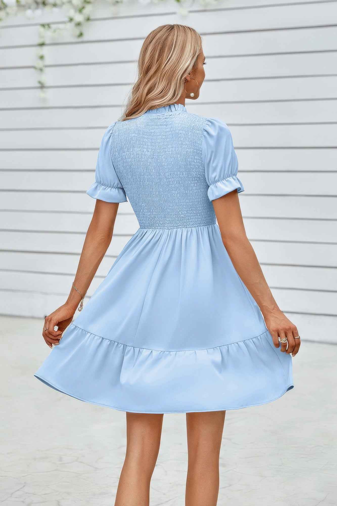 Solid Puff Sleeve Shirred Detail Ruffle Hem Dress