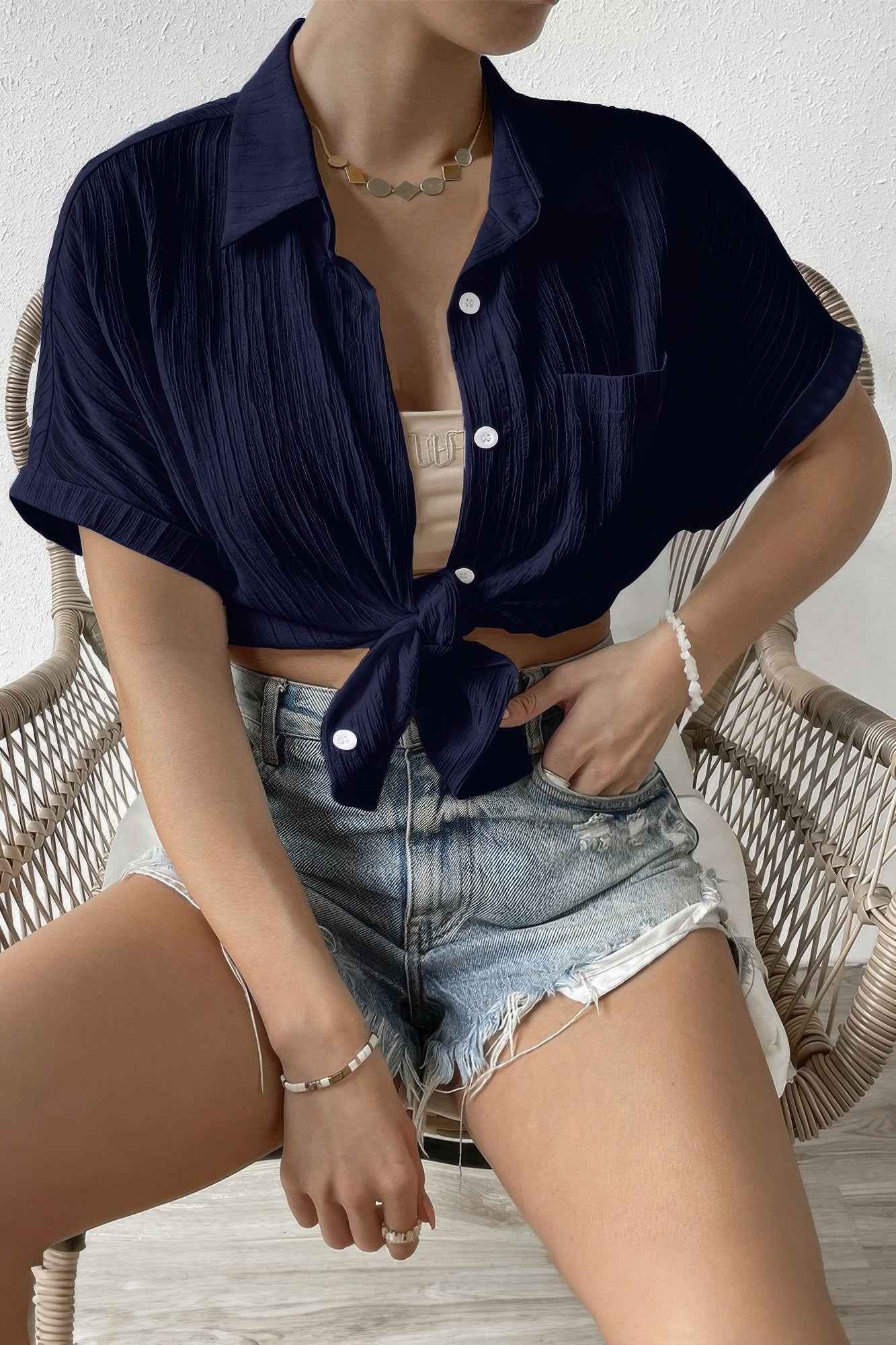 Button Down Lapel Pockets Loose Solid Shirt