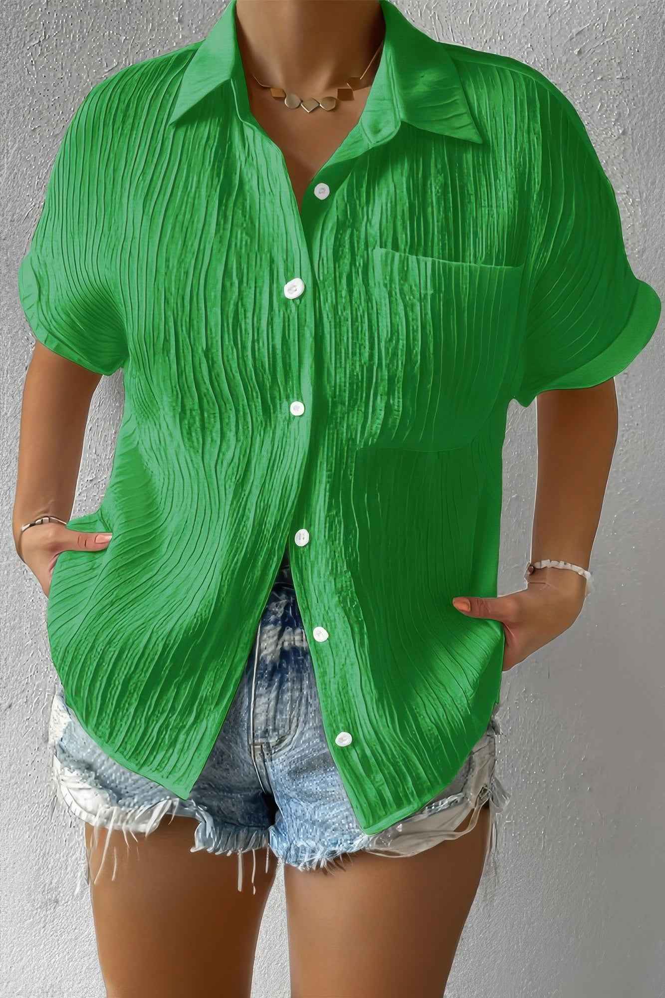 Button Down Lapel Pockets Loose Solid Shirt