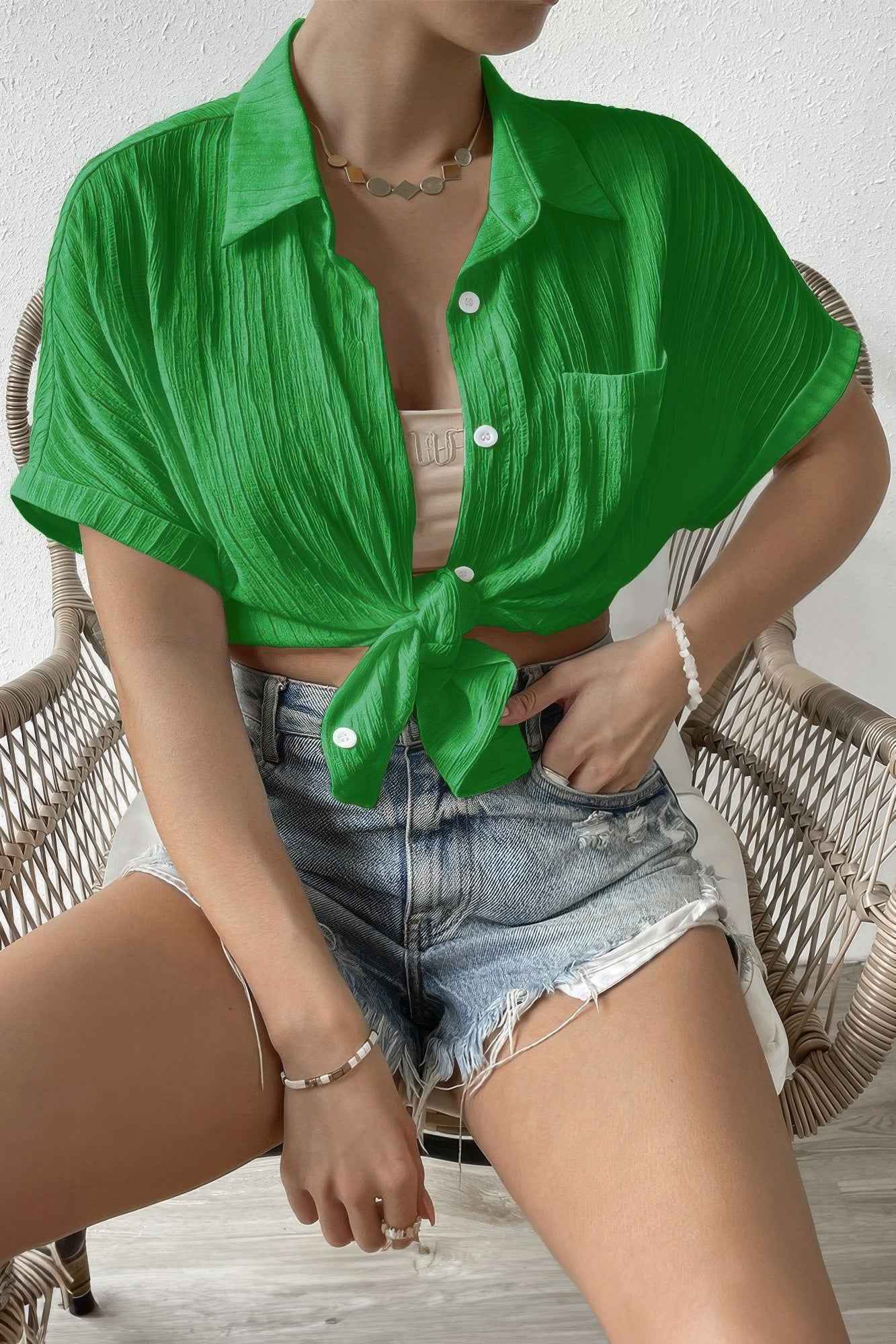 Button Down Lapel Pockets Loose Solid Shirt