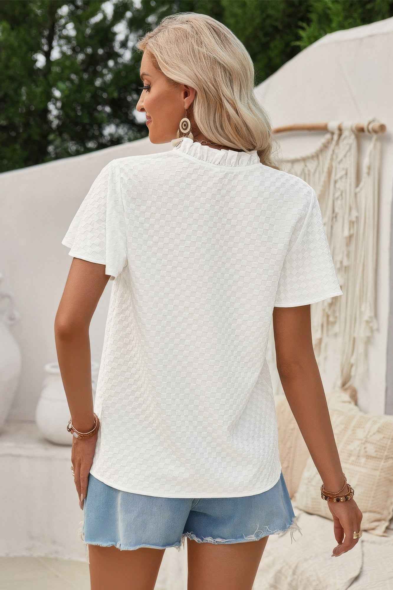 V Neck Loose Fit Solid Button Plaid Shirt