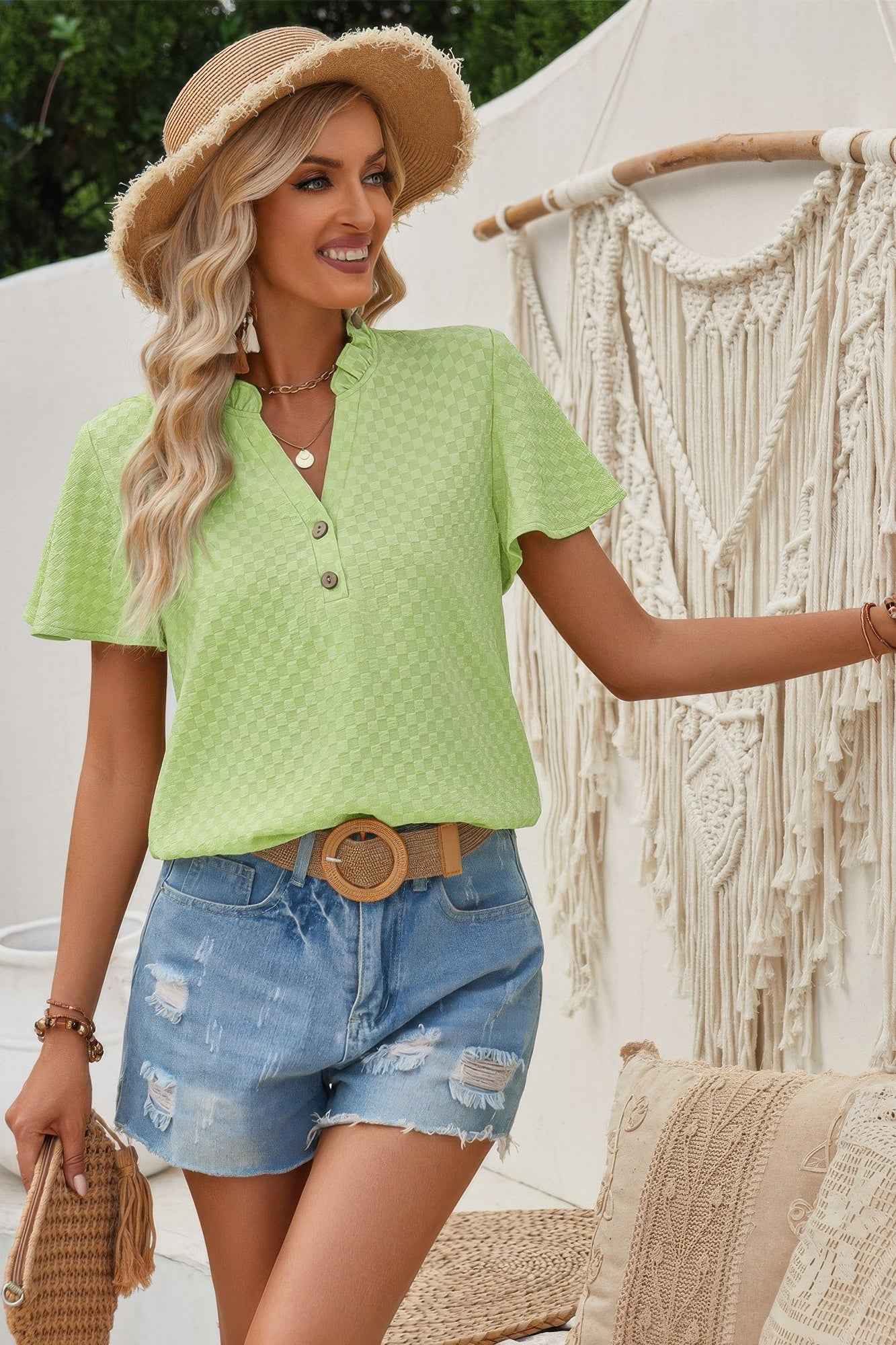 V Neck Loose Fit Solid Button Plaid Shirt