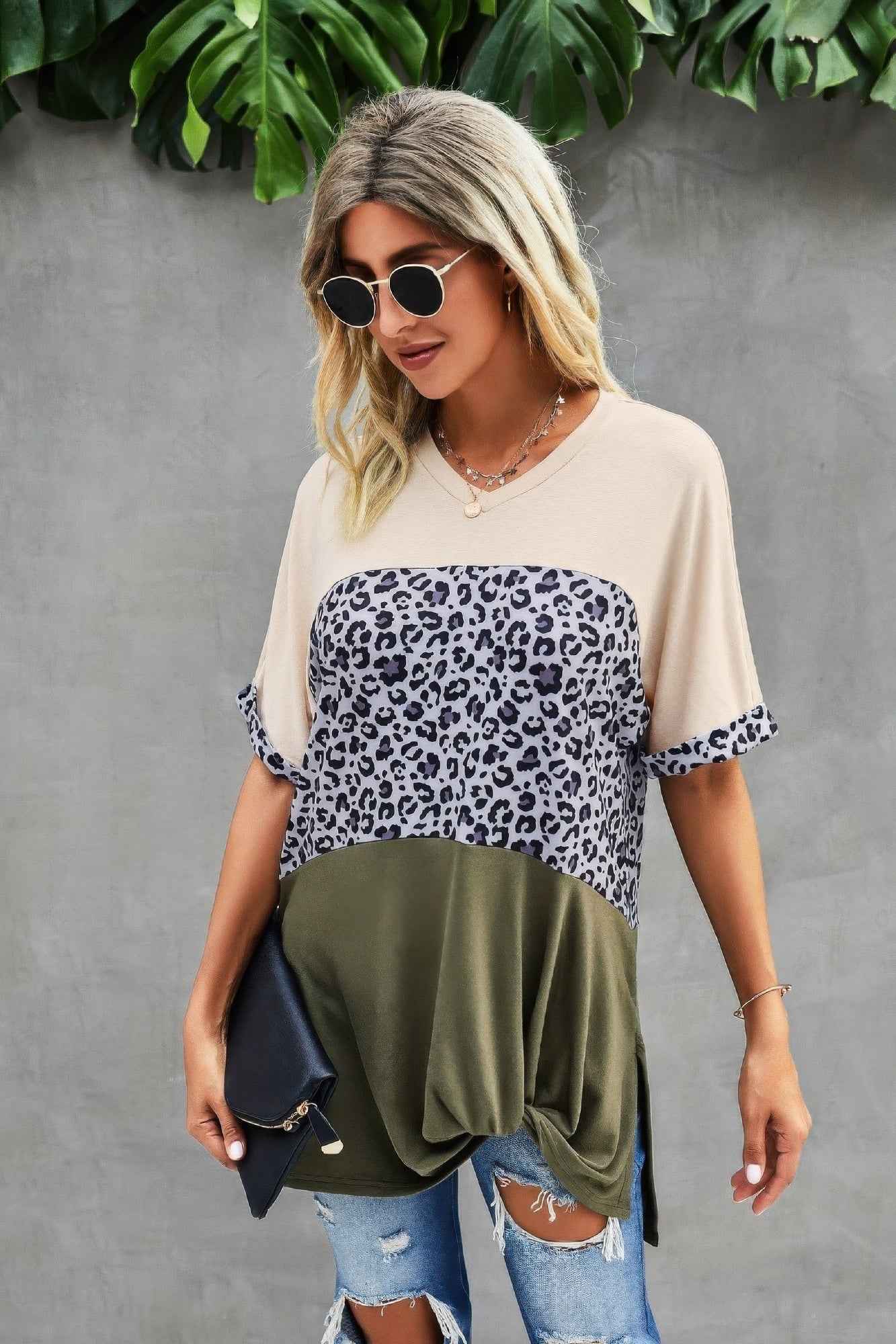 Crew Neck Color Block Animal Print Top