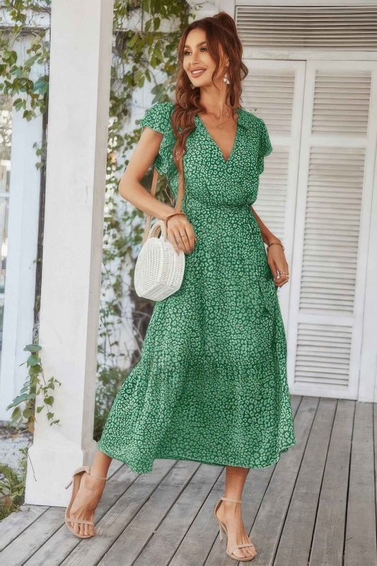 Floral V Neck Ruffle Short Sleeve High Waist Dress