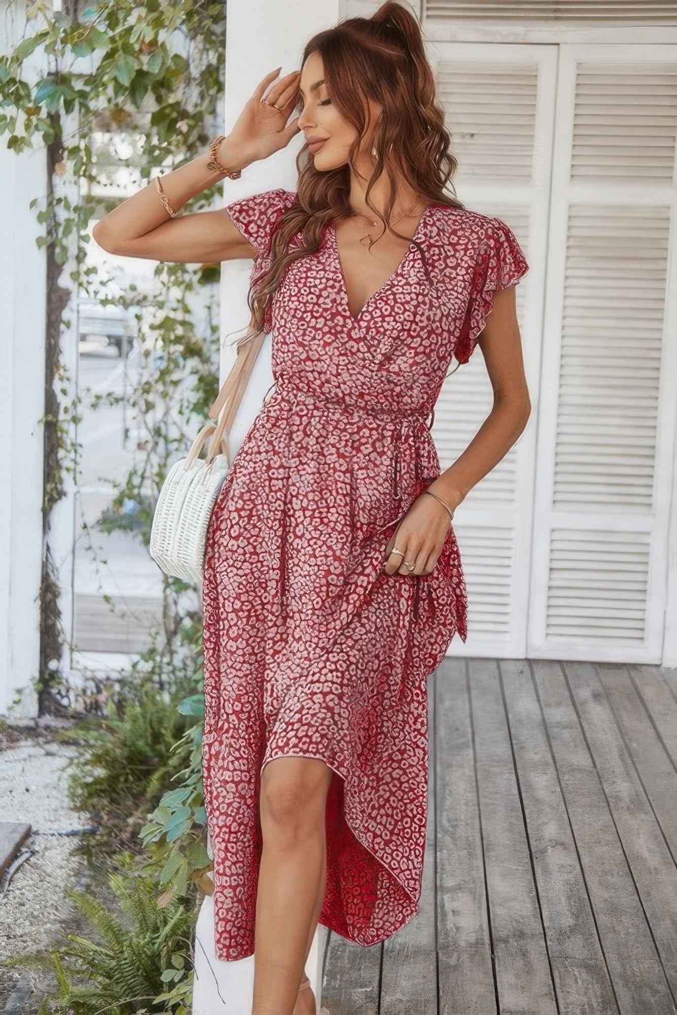 Floral V Neck Ruffle Short Sleeve High Waist Dress