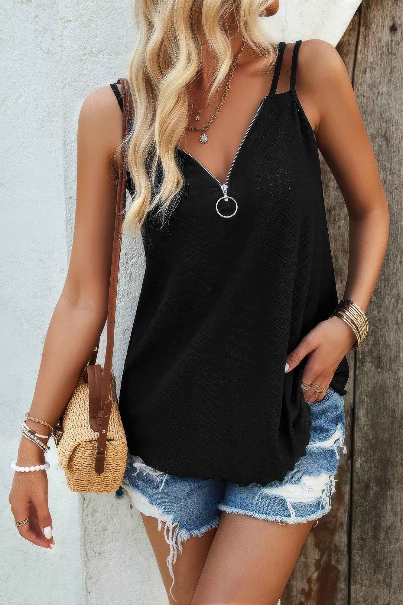 V Neck Eyelet Trim Spaghetti Strap Sleeveless Top