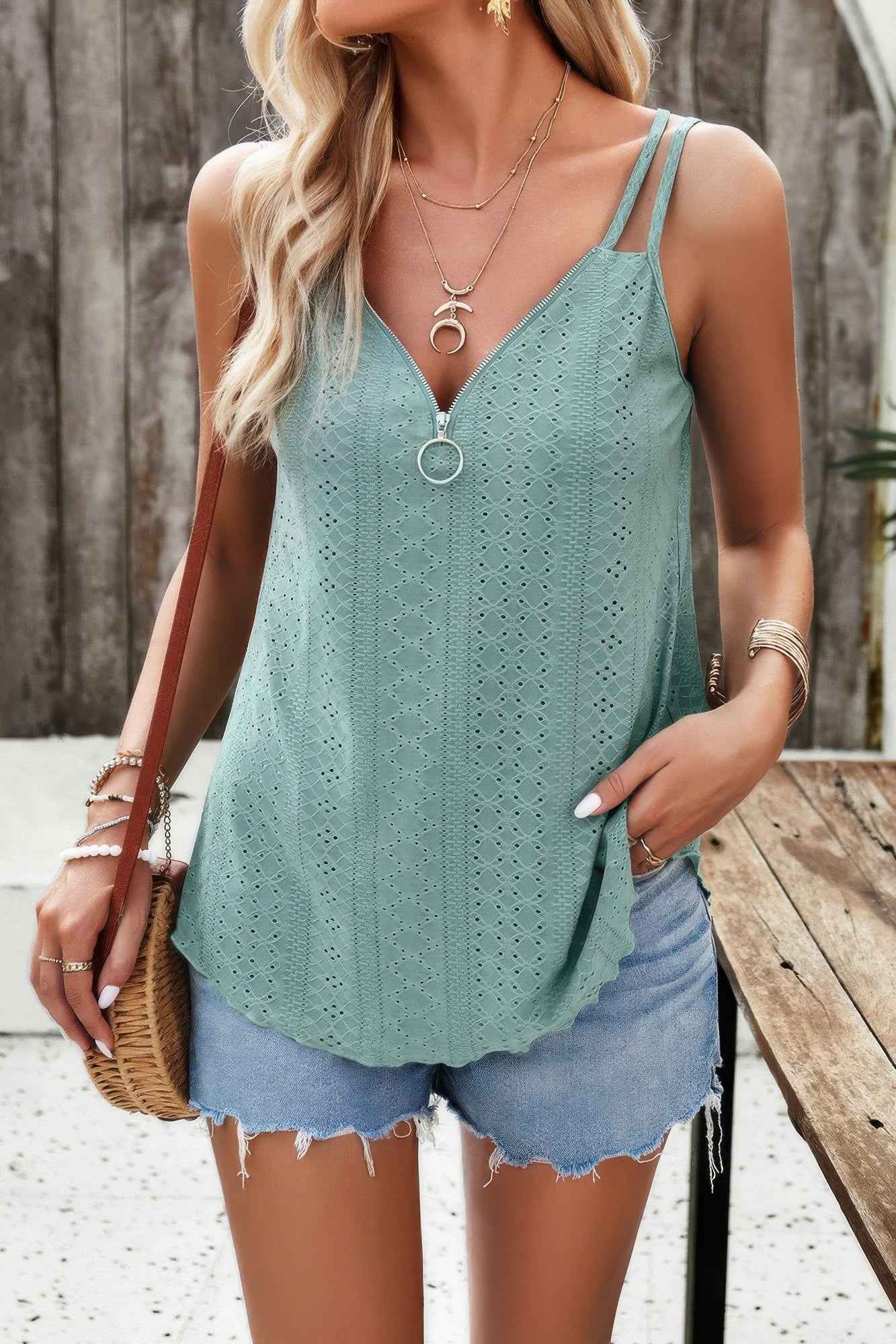 V Neck Eyelet Trim Spaghetti Strap Sleeveless Top