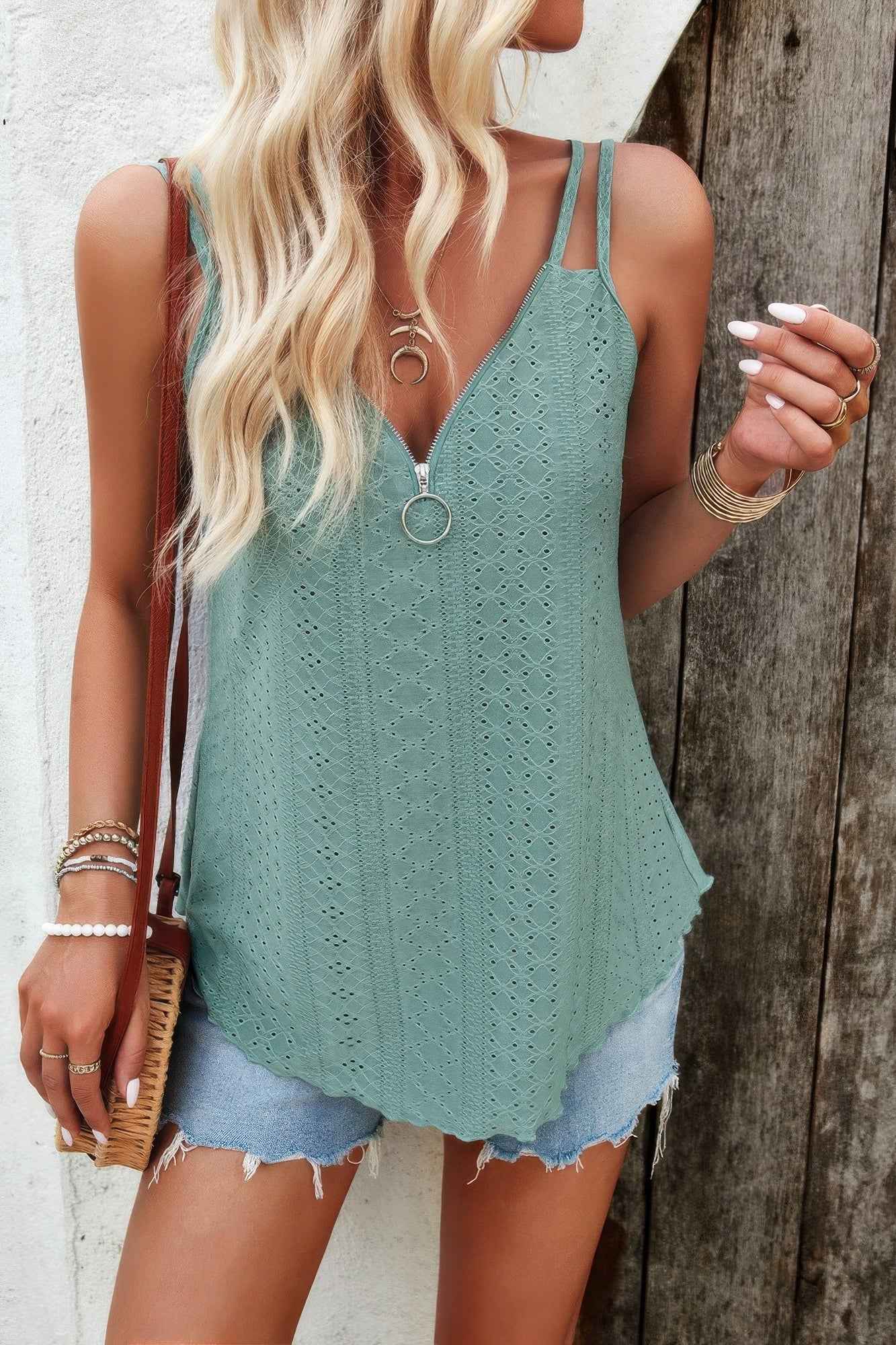 V Neck Eyelet Trim Spaghetti Strap Sleeveless Top