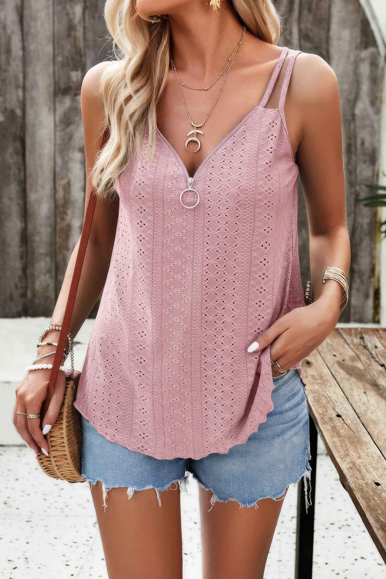 V Neck Eyelet Trim Spaghetti Strap Sleeveless Top