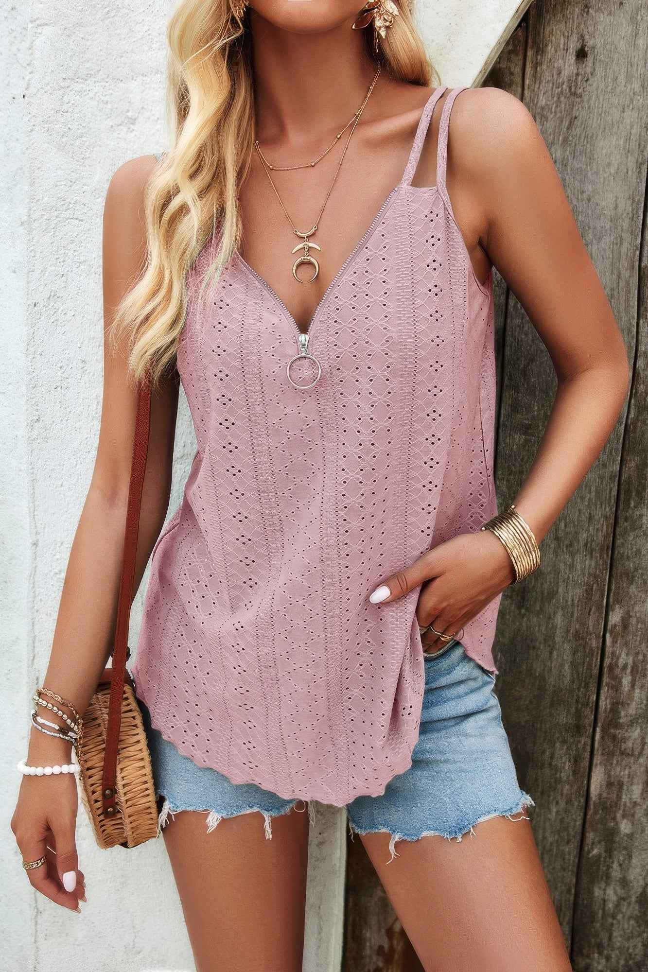 V Neck Eyelet Trim Spaghetti Strap Sleeveless Top