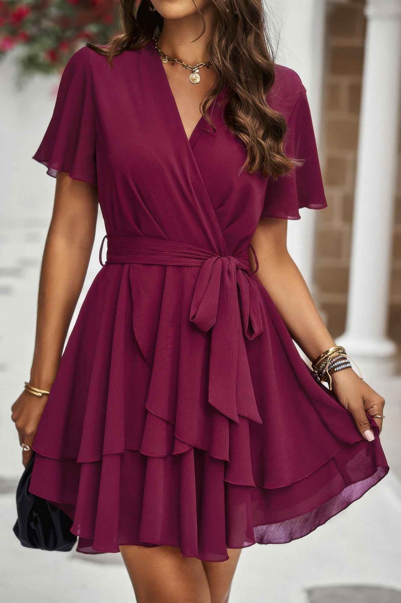 Chiffon Layer Hem Waist Tie Layer Hem Ruffle Dress
