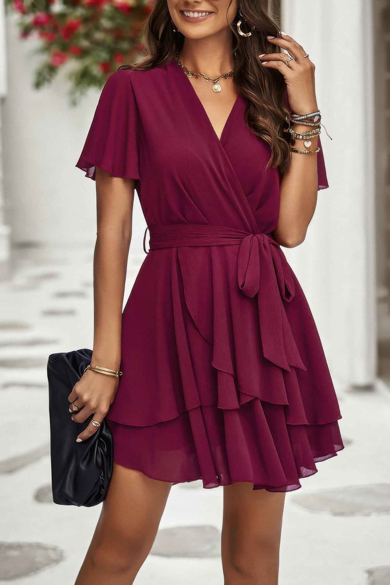 Chiffon Layer Hem Waist Tie Layer Hem Ruffle Dress
