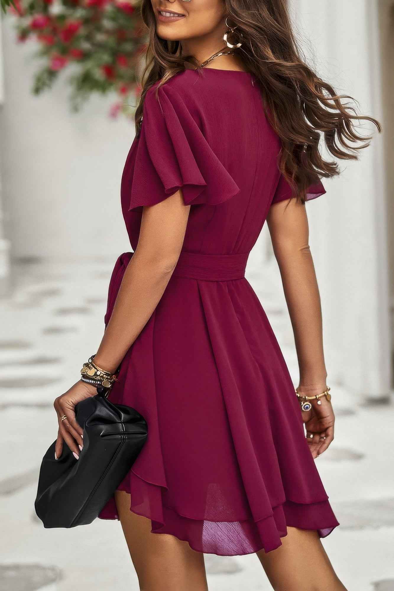 Chiffon Layer Hem Waist Tie Layer Hem Ruffle Dress