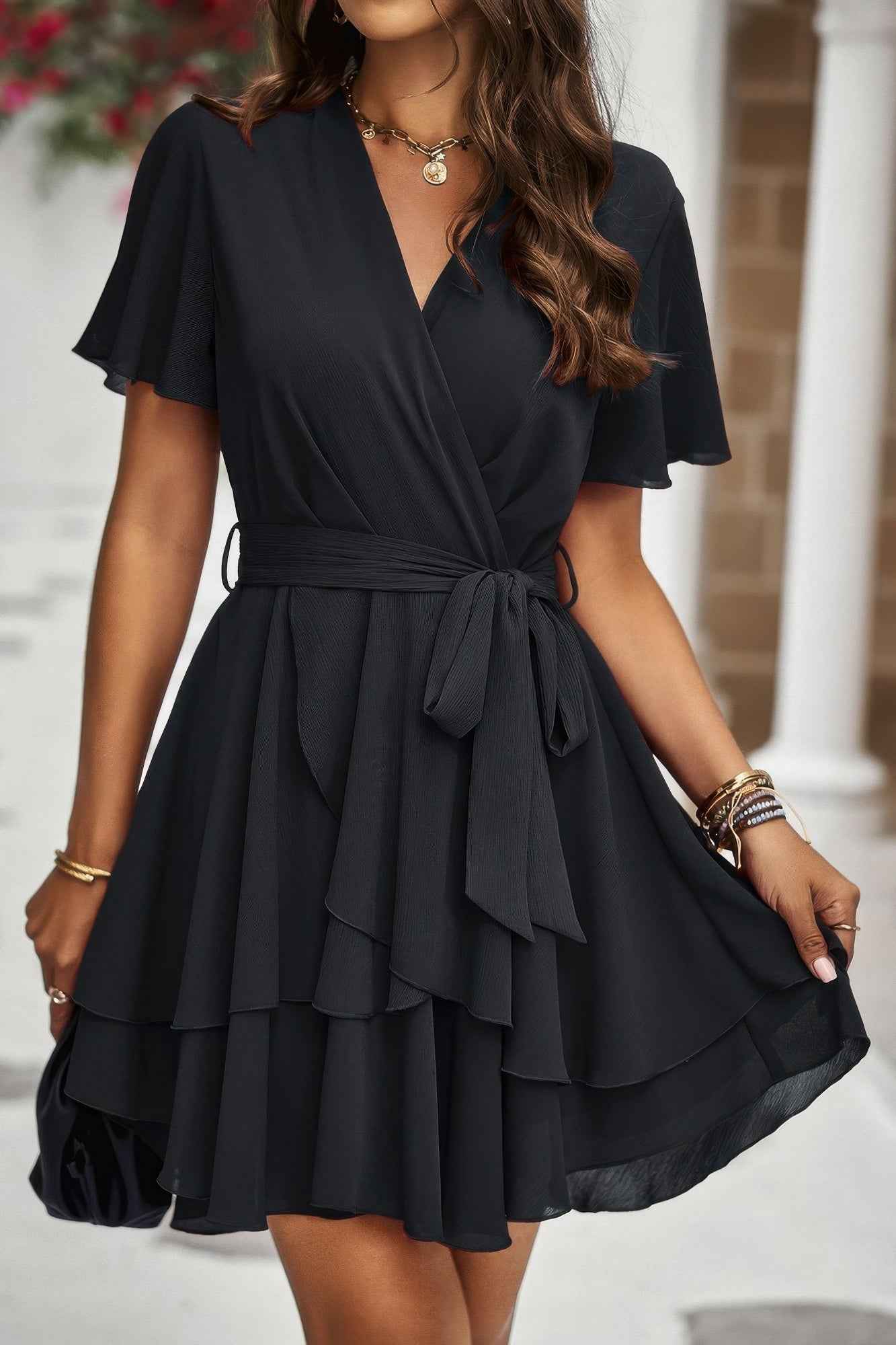 Chiffon Layer Hem Waist Tie Layer Hem Ruffle Dress