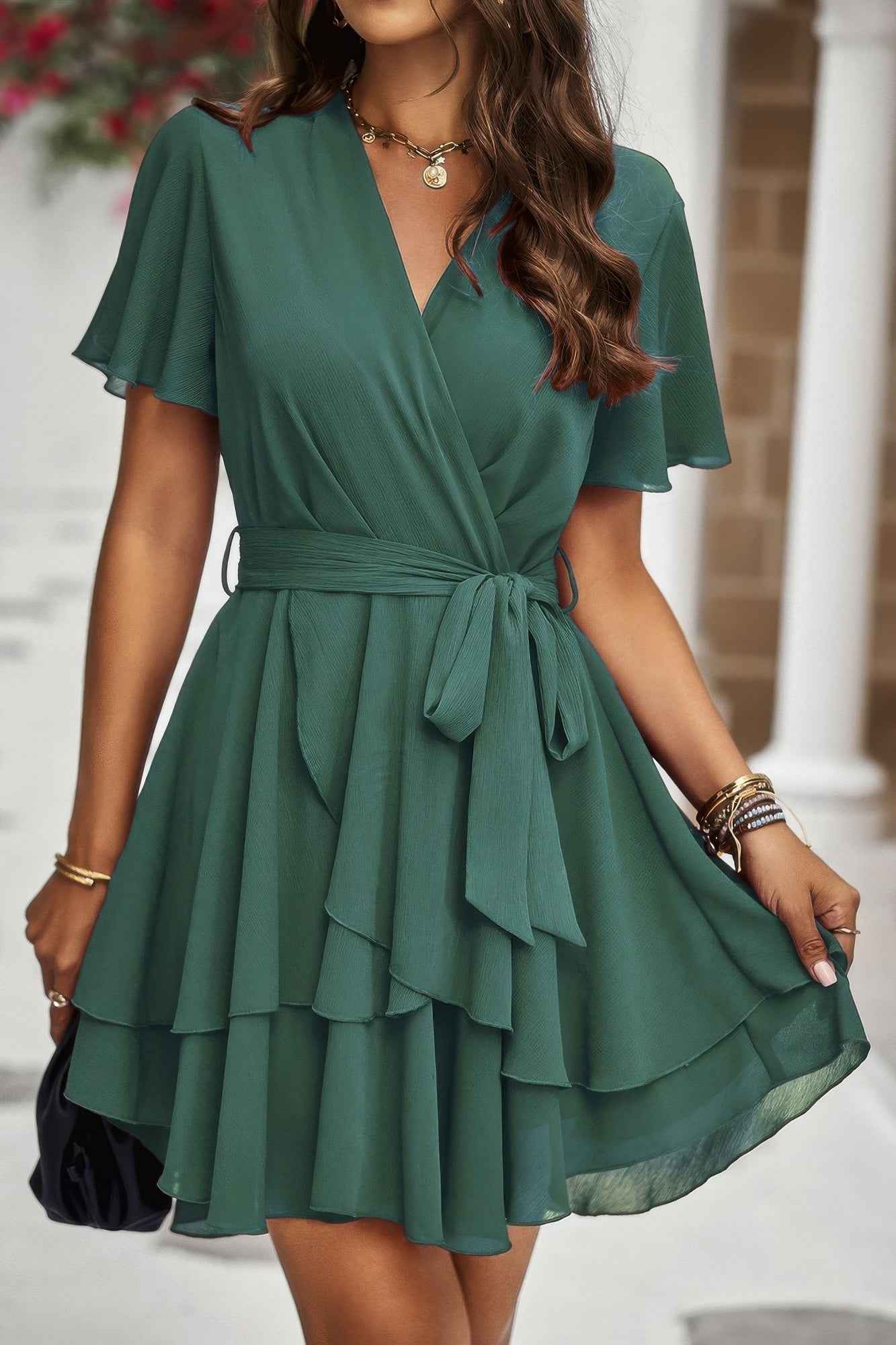 Chiffon Layer Hem Waist Tie Layer Hem Ruffle Dress