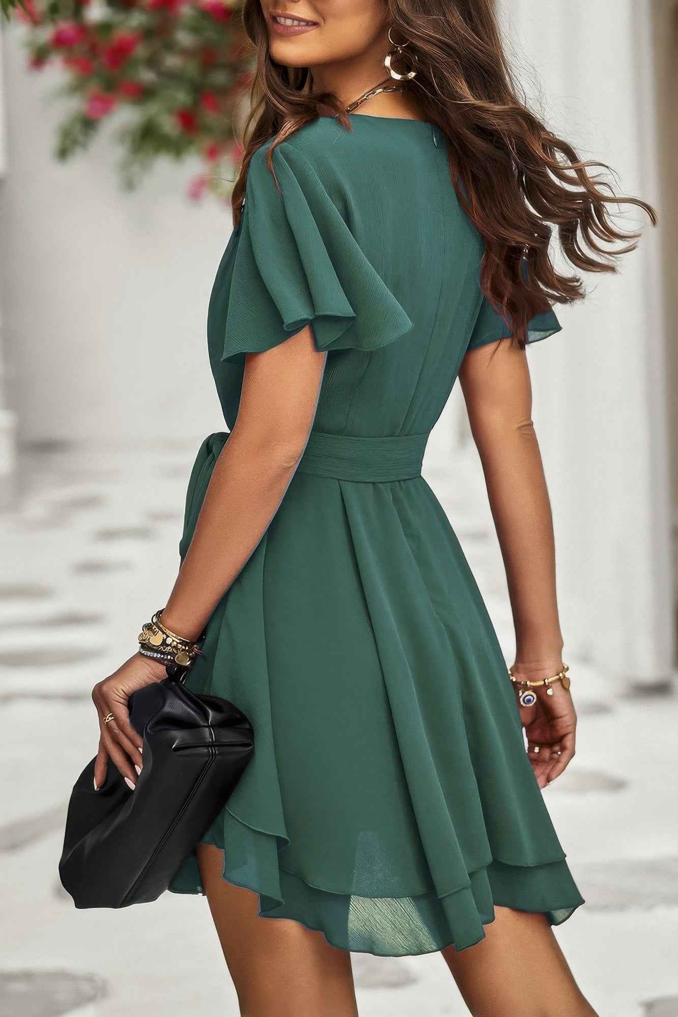 Chiffon Layer Hem Waist Tie Layer Hem Ruffle Dress