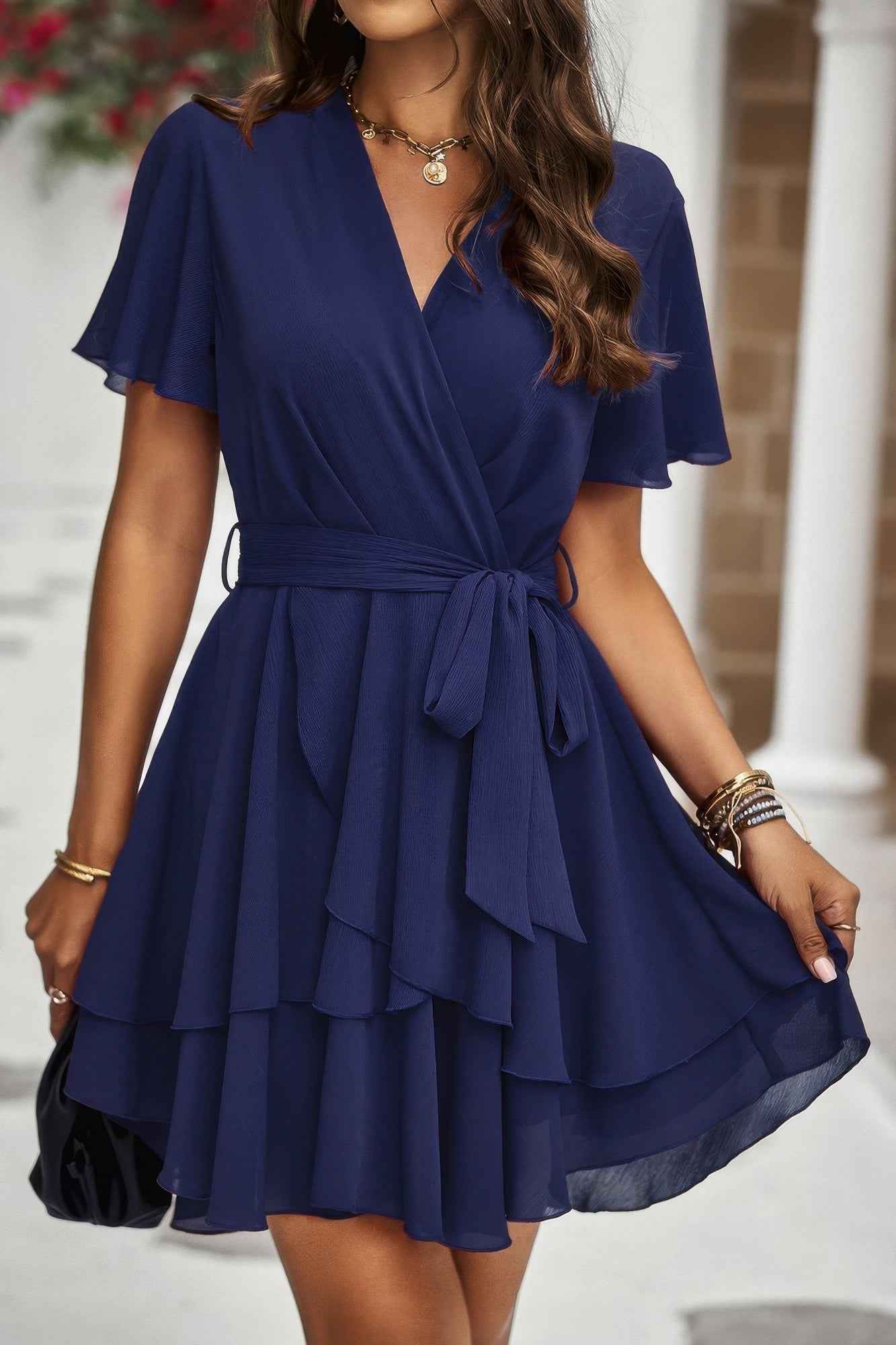 Chiffon Layer Hem Waist Tie Layer Hem Ruffle Dress