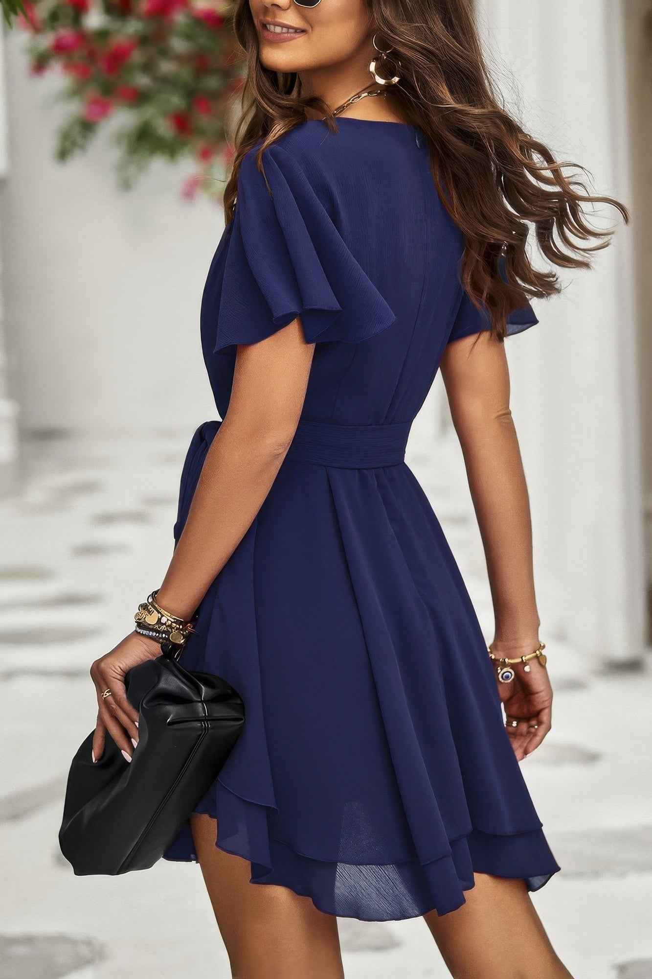 Chiffon Layer Hem Waist Tie Layer Hem Ruffle Dress