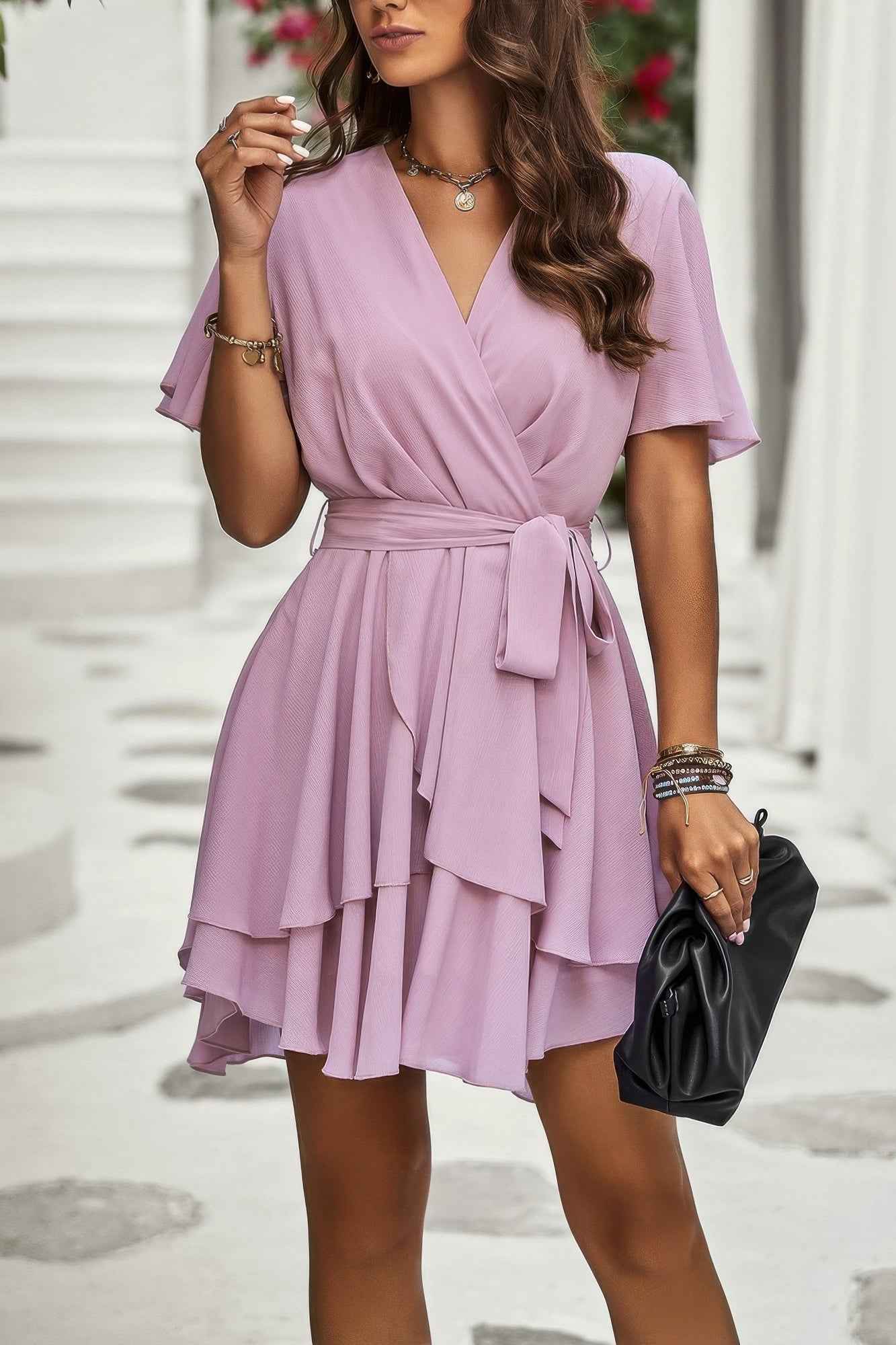 Chiffon Layer Hem Waist Tie Layer Hem Ruffle Dress