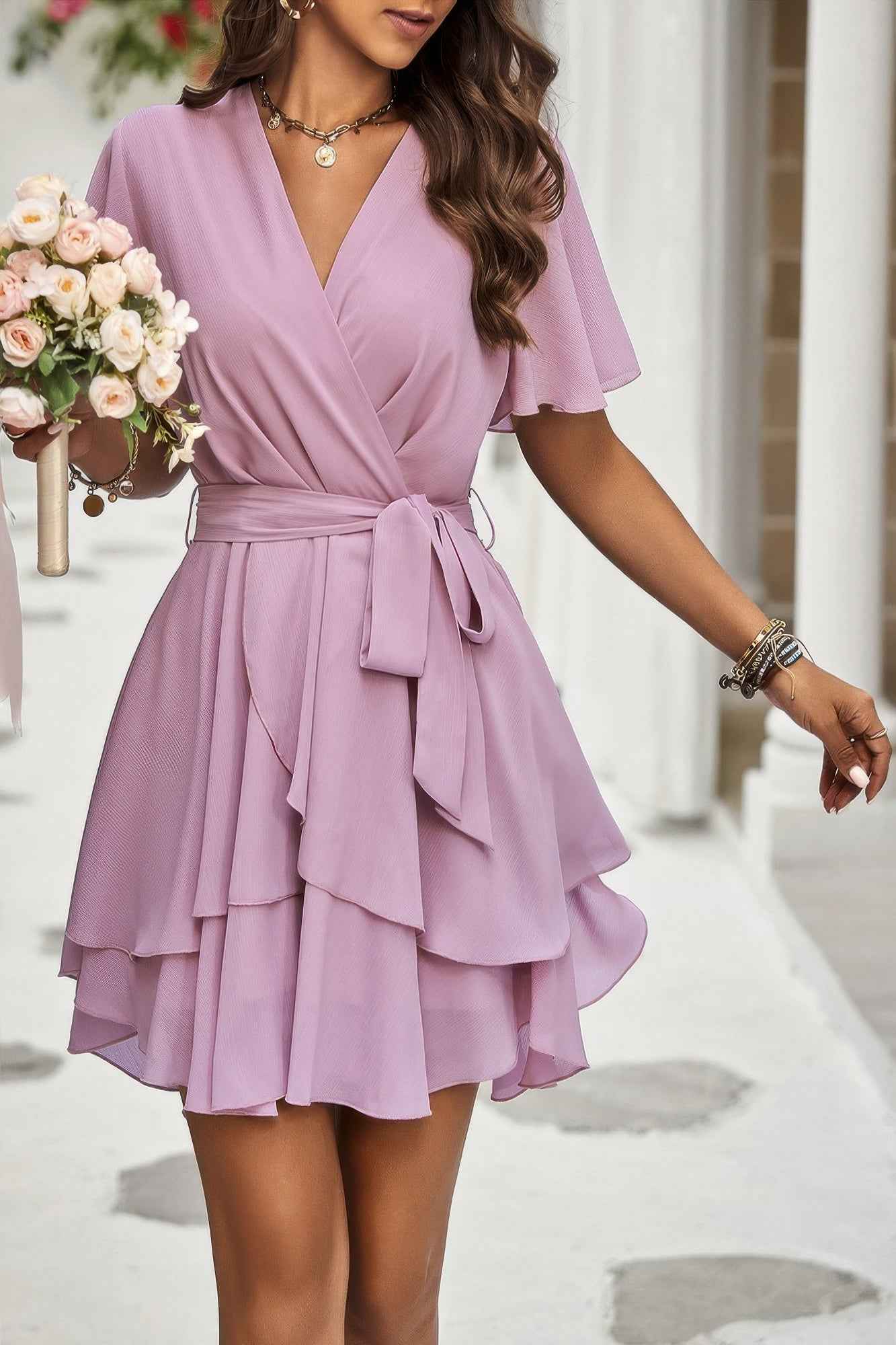 Chiffon Layer Hem Waist Tie Layer Hem Ruffle Dress