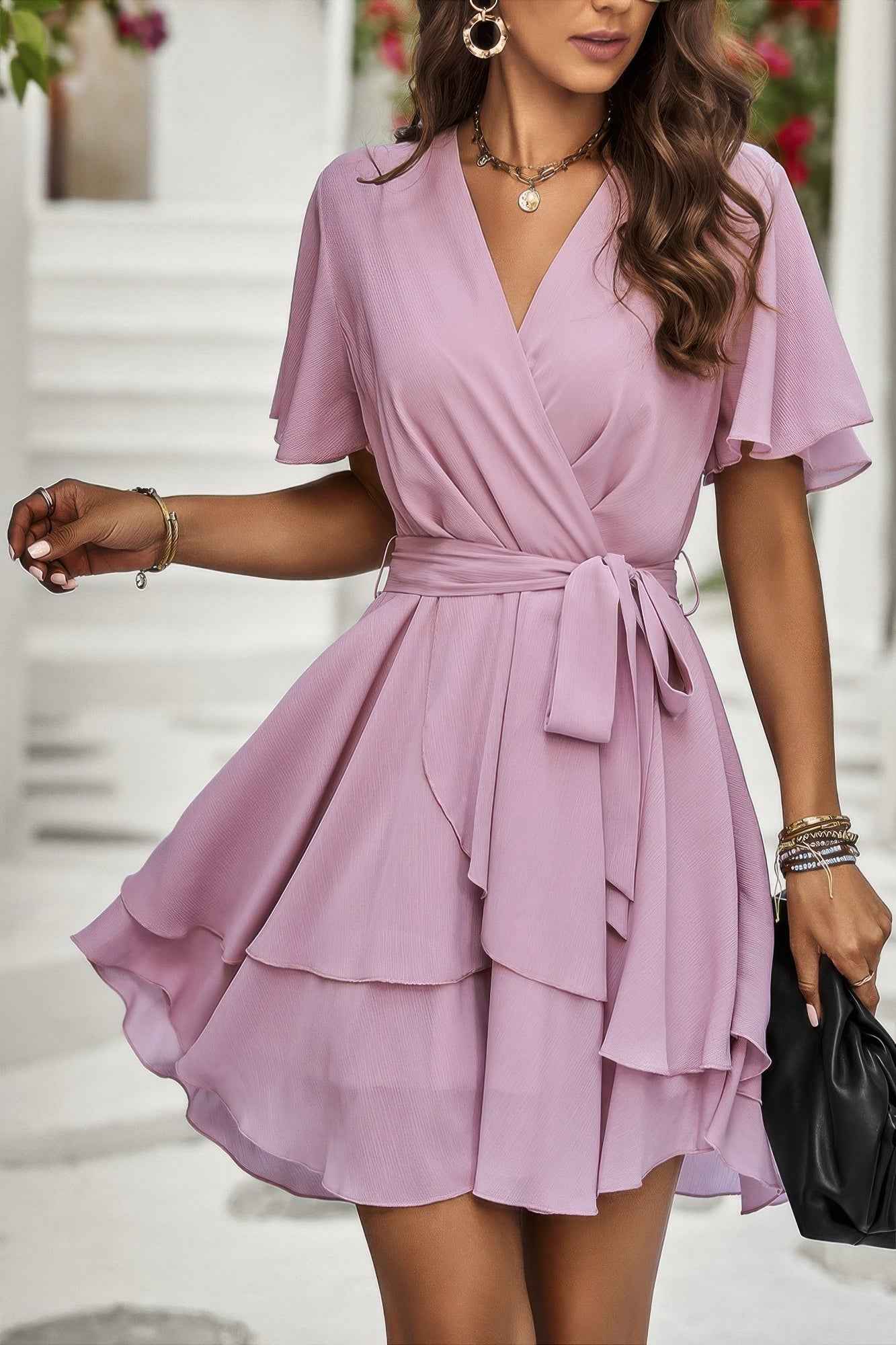 Chiffon Layer Hem Waist Tie Layer Hem Ruffle Dress