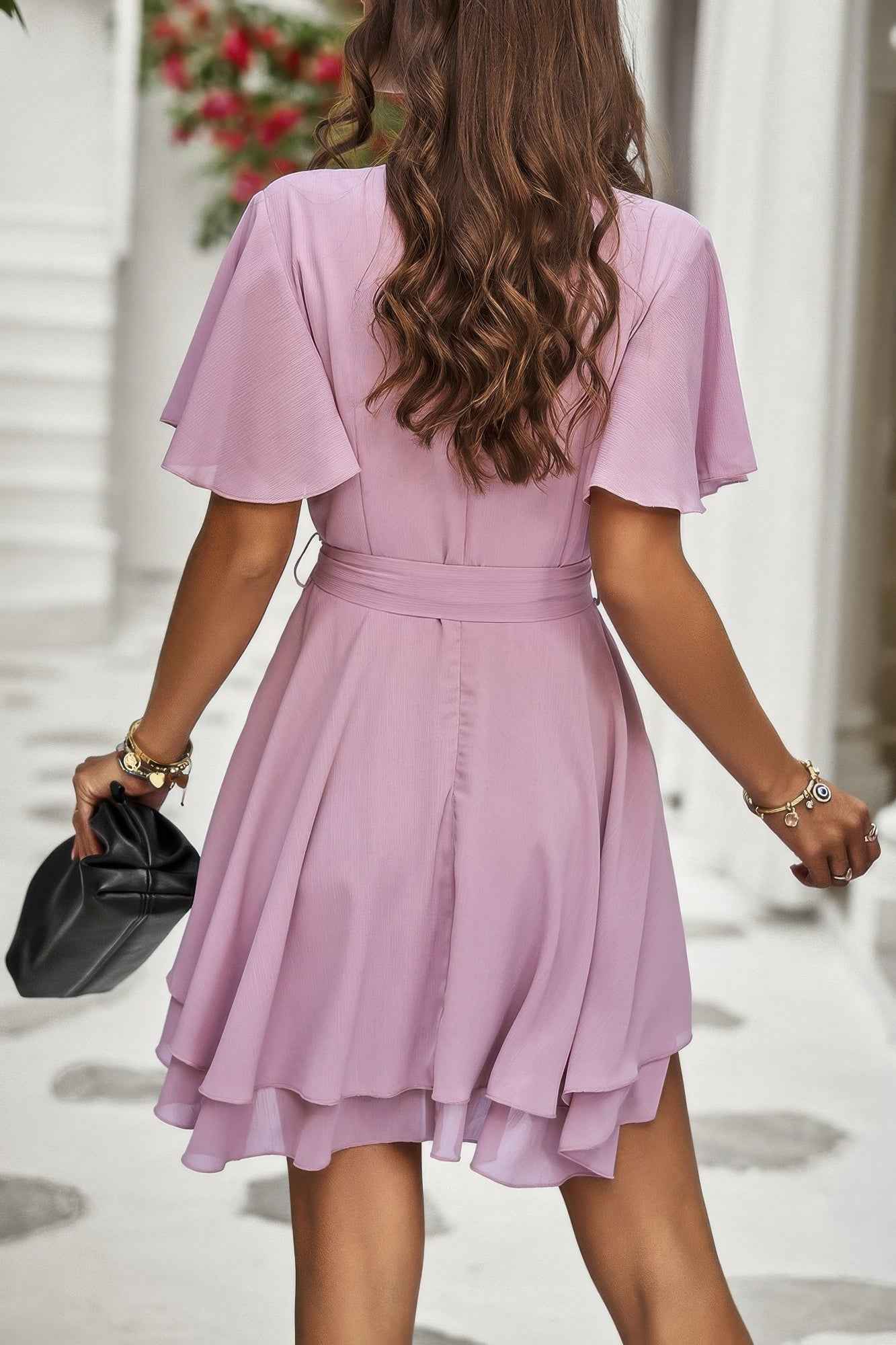 Chiffon Layer Hem Waist Tie Layer Hem Ruffle Dress