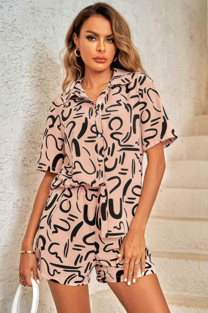 Outfit Sequins Lips Print Button Down Shorts Set