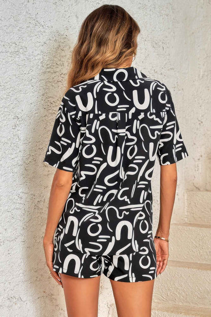 Outfit Sequins Lips Print Button Down Shorts Set