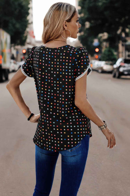 Round Neck Polka Dot Print Petal Sleeve Blouse