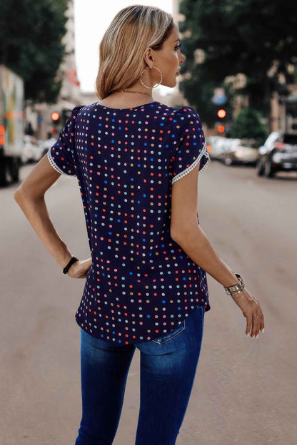 Round Neck Polka Dot Print Petal Sleeve Blouse