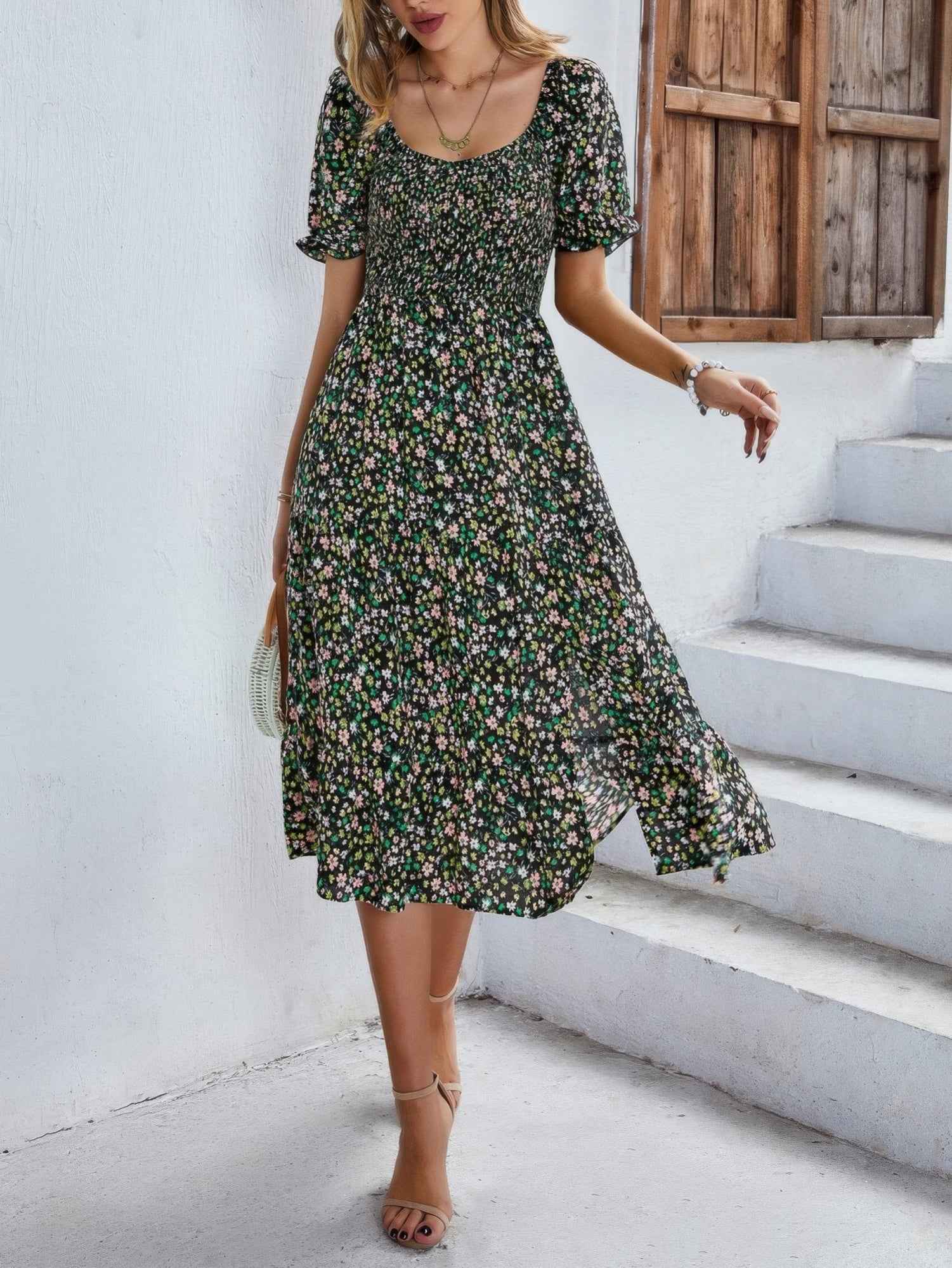 Bohemia Floral Puff Sleeve Flounce Sleeve Dress