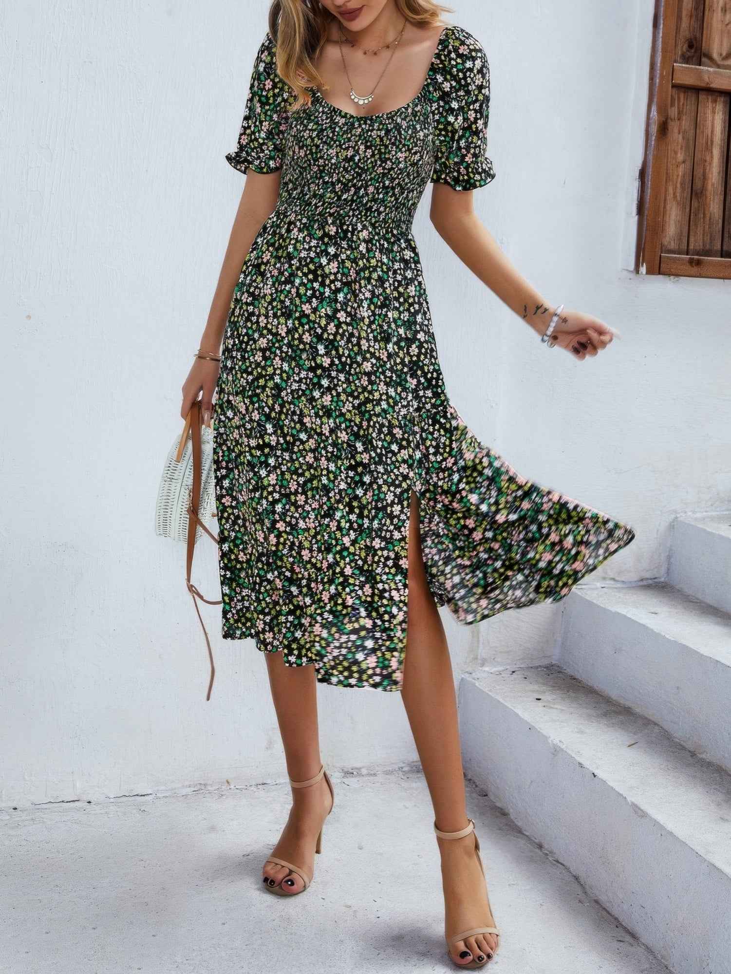 Bohemia Floral Puff Sleeve Flounce Sleeve Dress