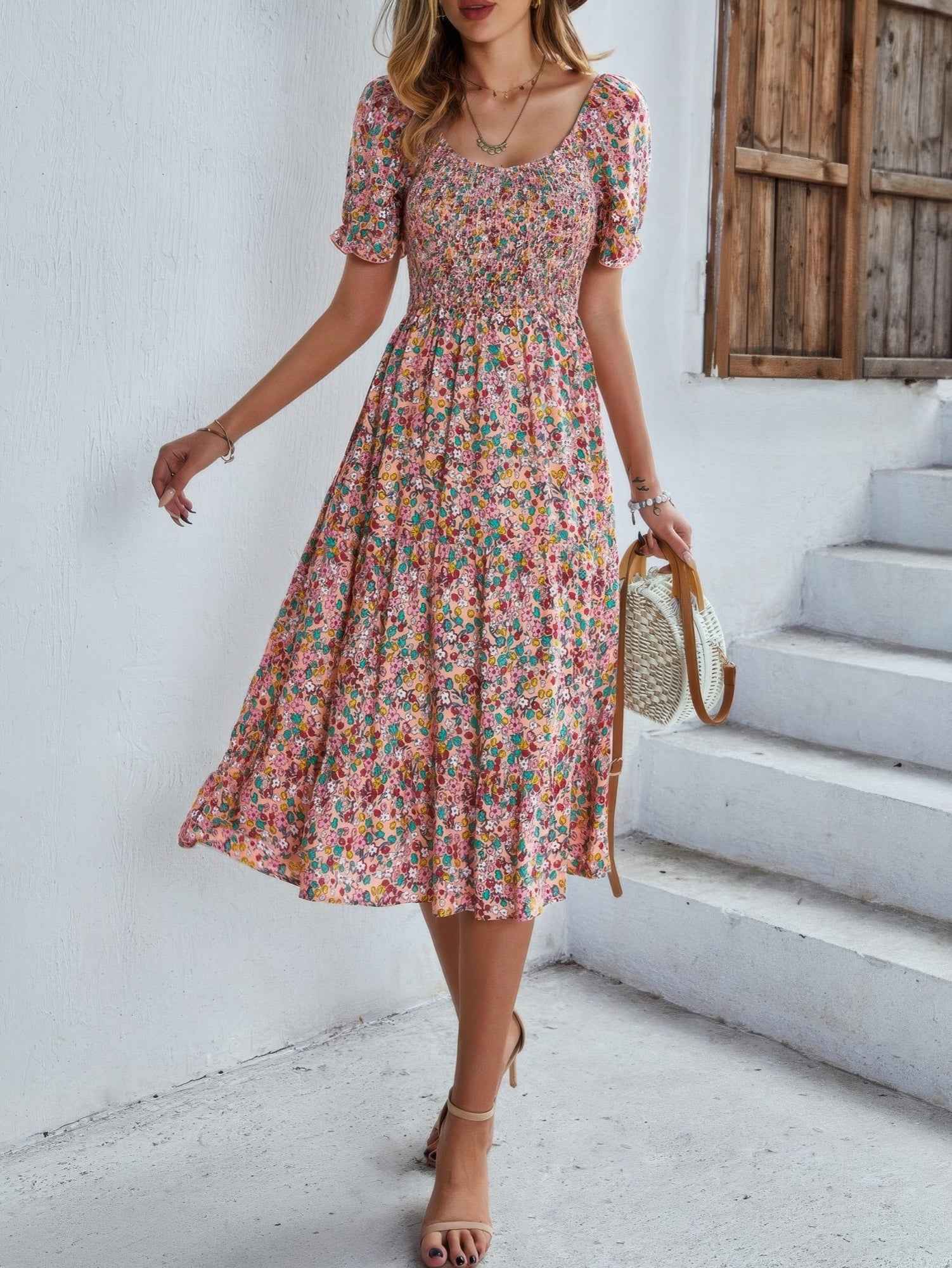 Bohemia Floral Puff Sleeve Flounce Sleeve Dress